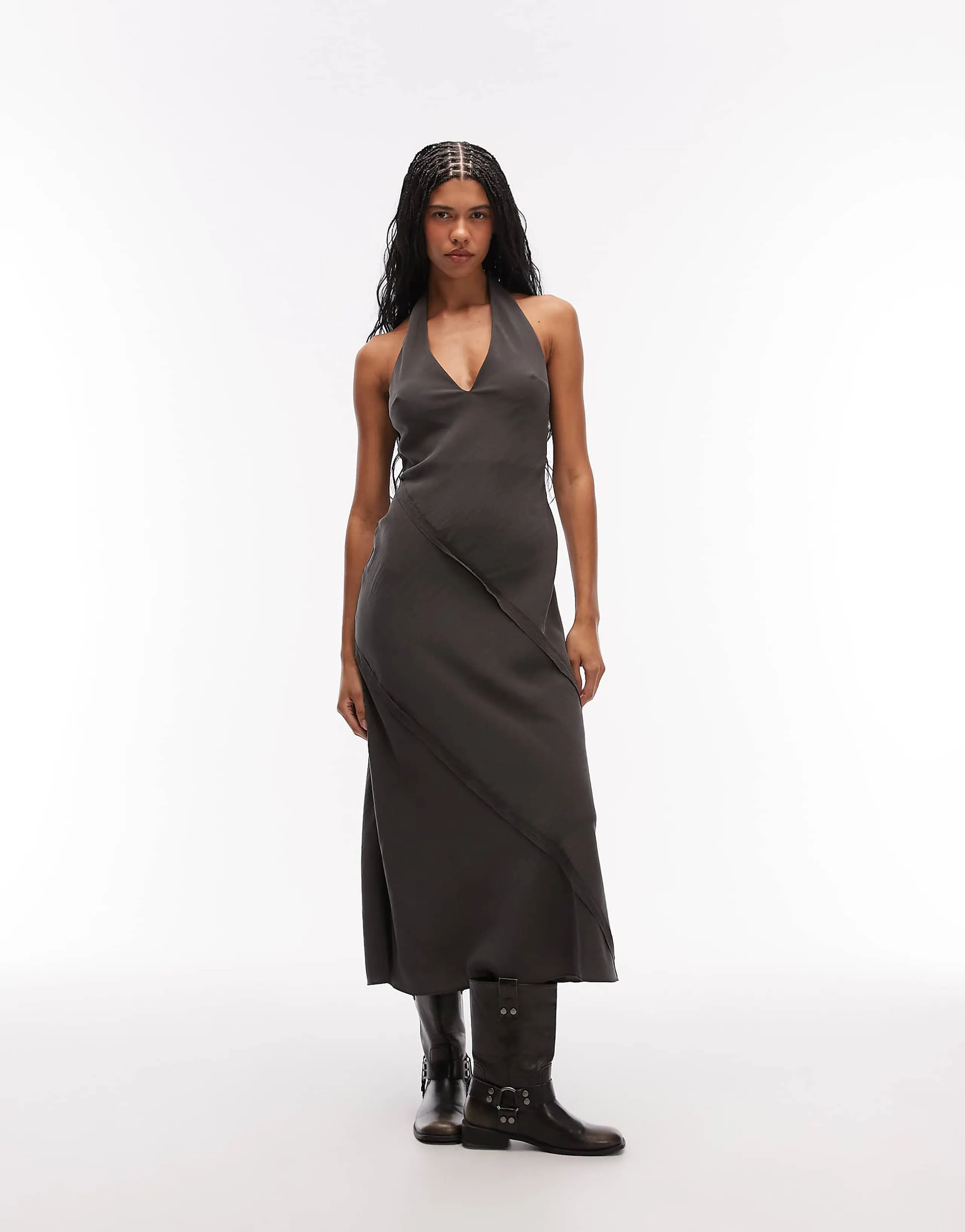 ASOS DESIGN halter neck seamed detailing maxi dress in charcoal