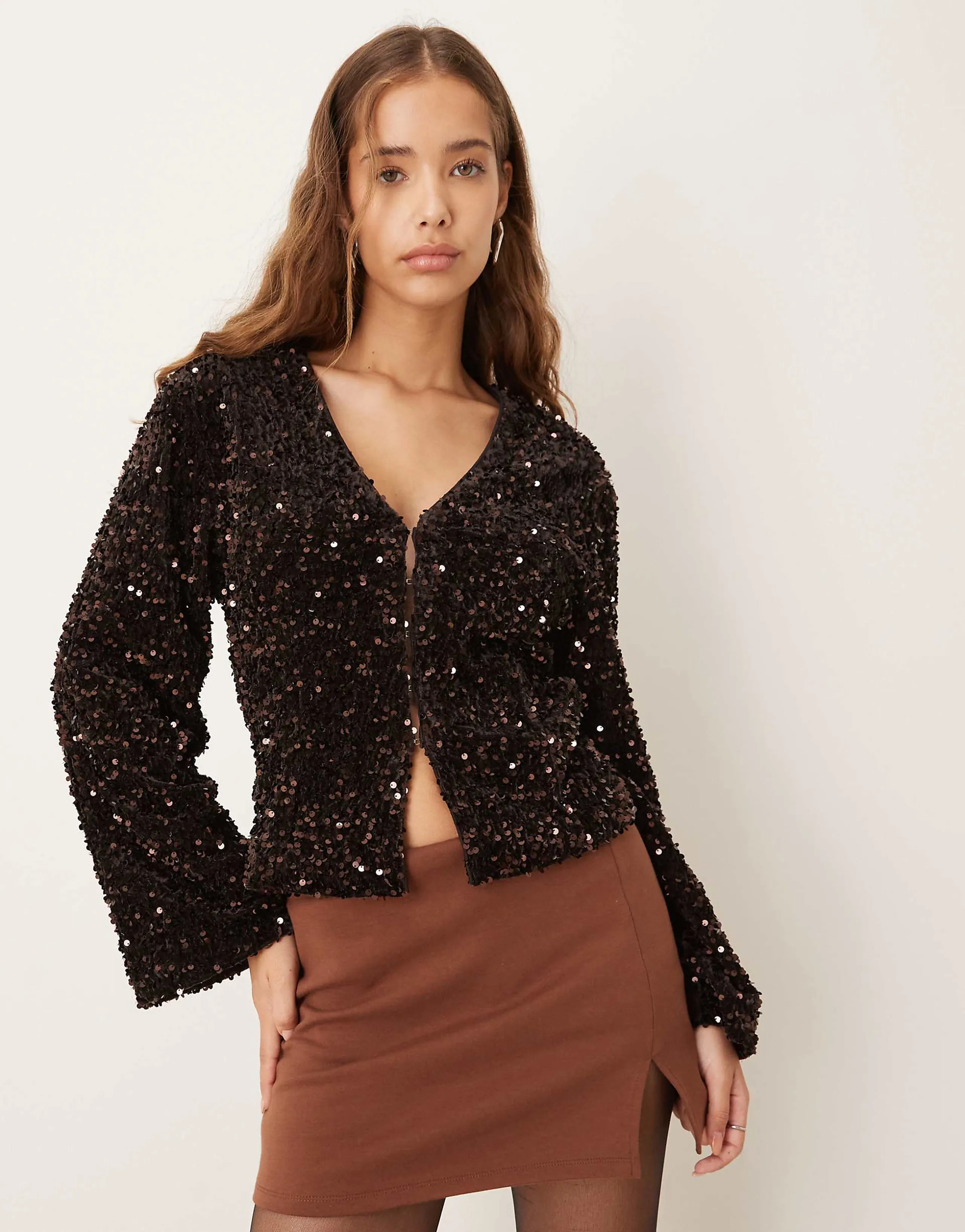 Gina Tricot cinched waist sequin top in dark brown