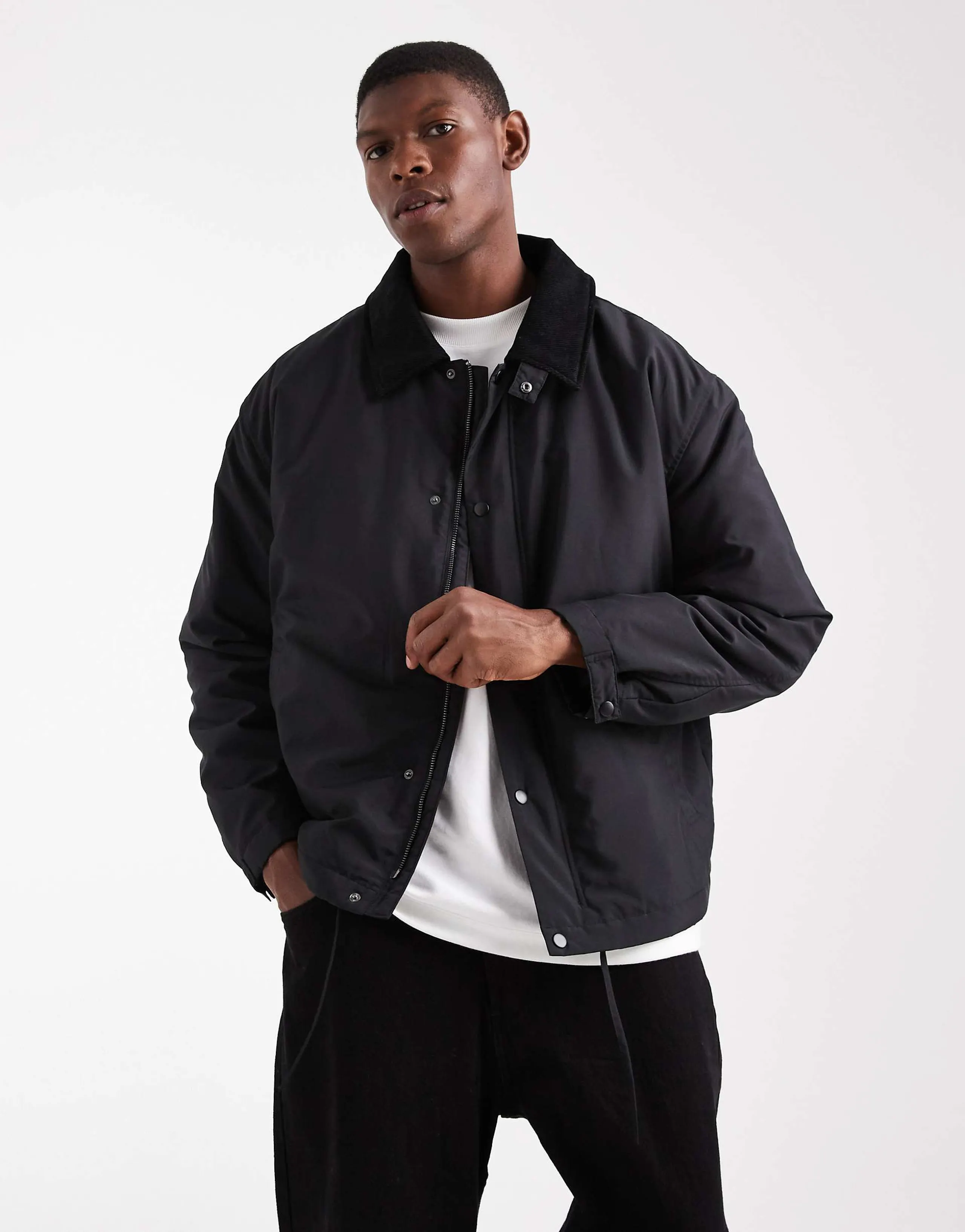ASOS DESIGN harrington jacket with cord collar in black 