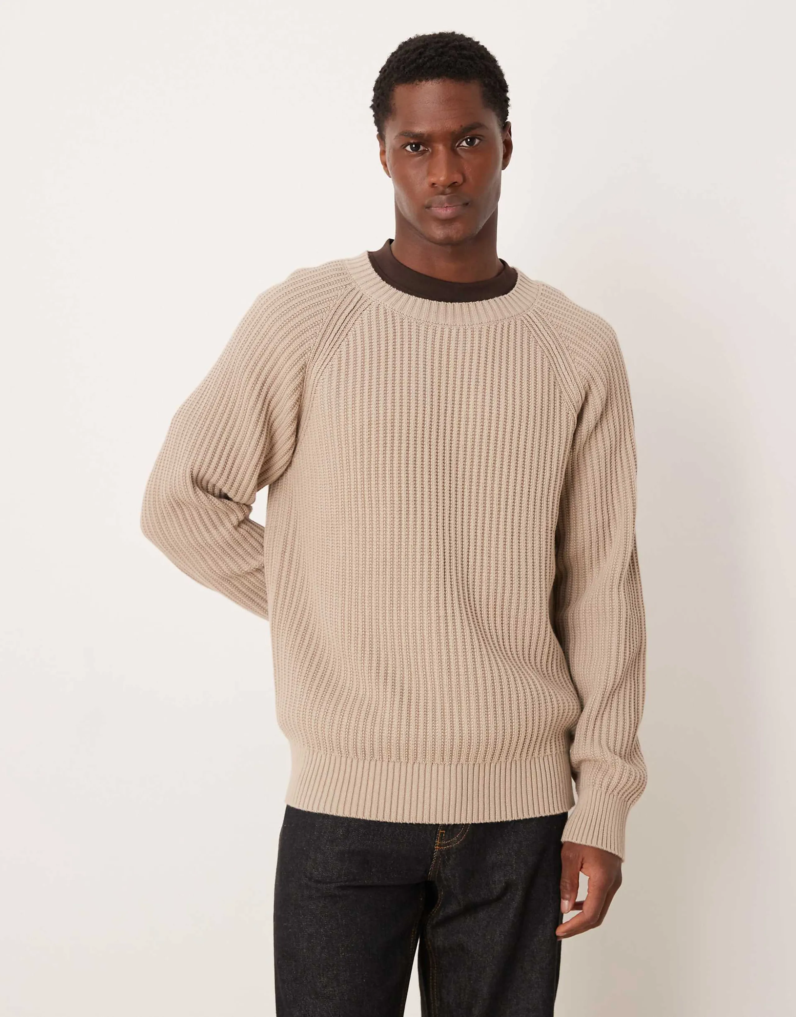 Selected ribbed sweater with raglan sleeves in beige