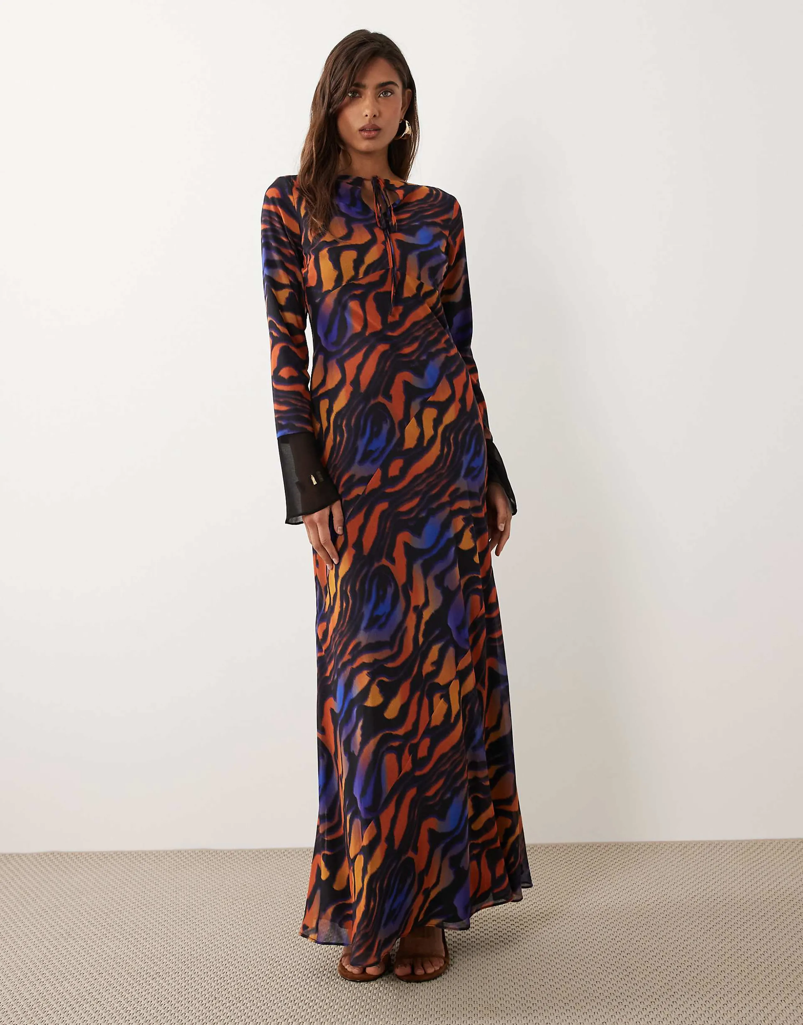 Daska chiffon tie detail maxi dress in orange and blue abstract animal print