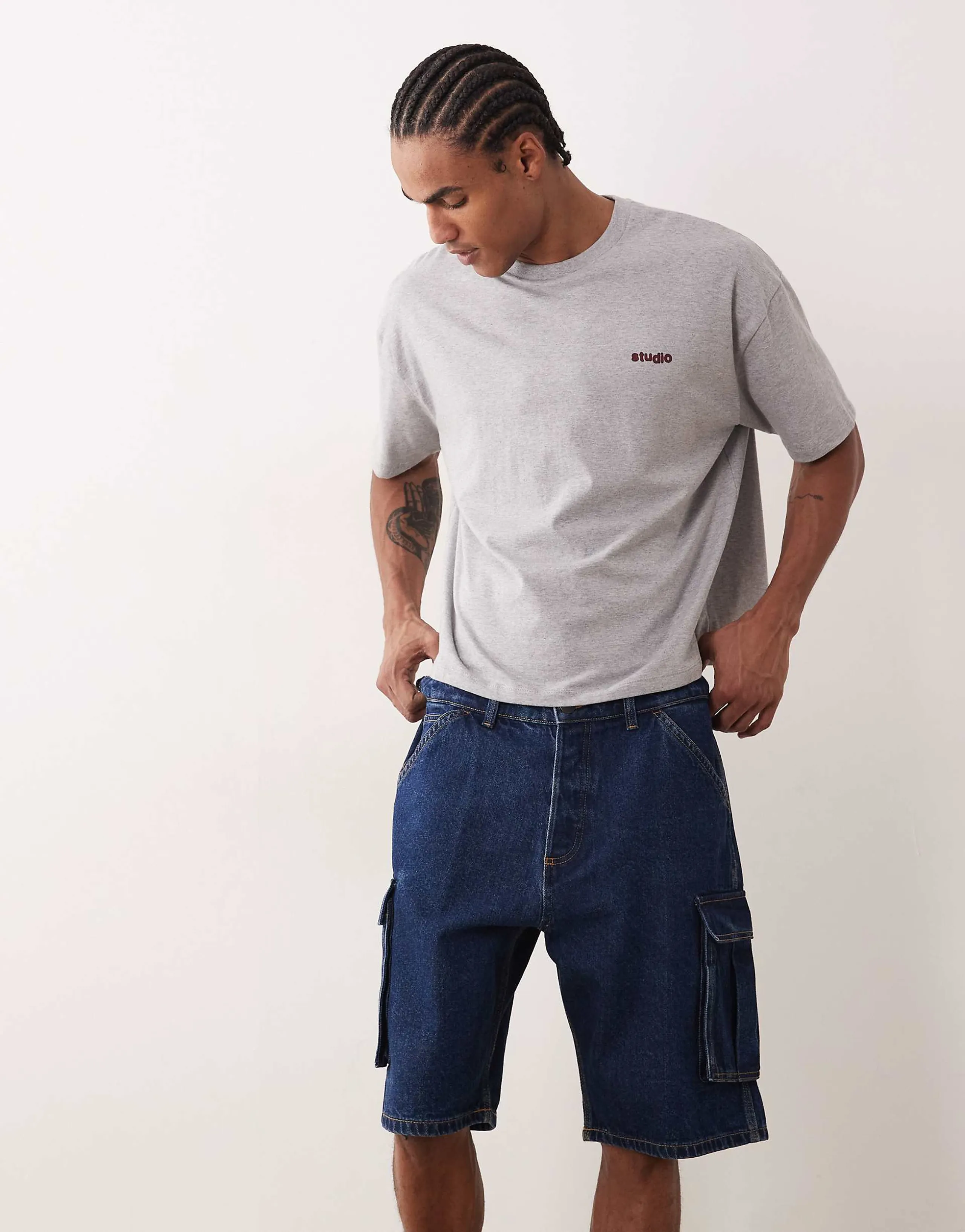 Jack & Jones Alex baggy denim cargo shorts in dark blue