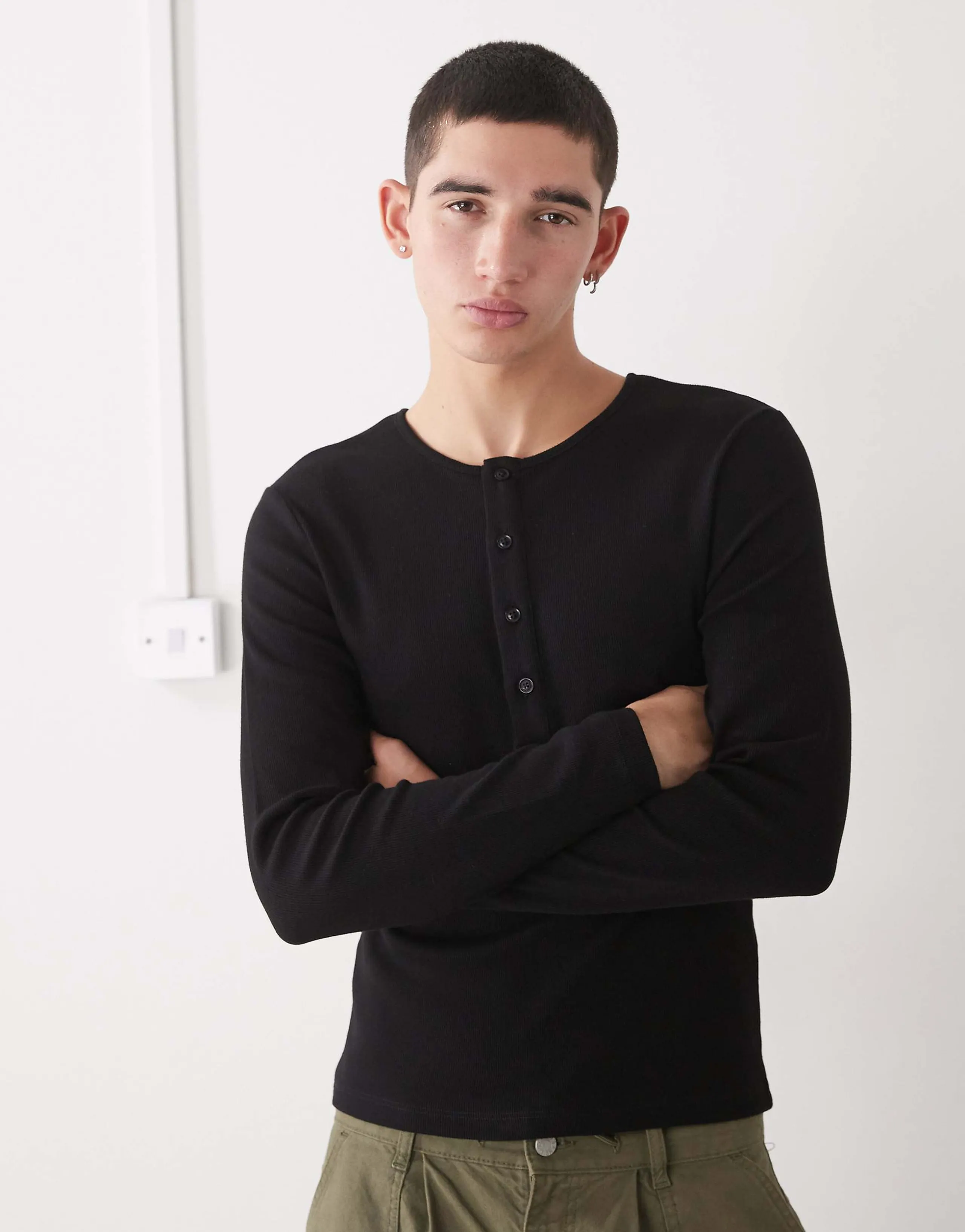 COLLUSION long sleeve rib Henley slim fit T-shirt in black