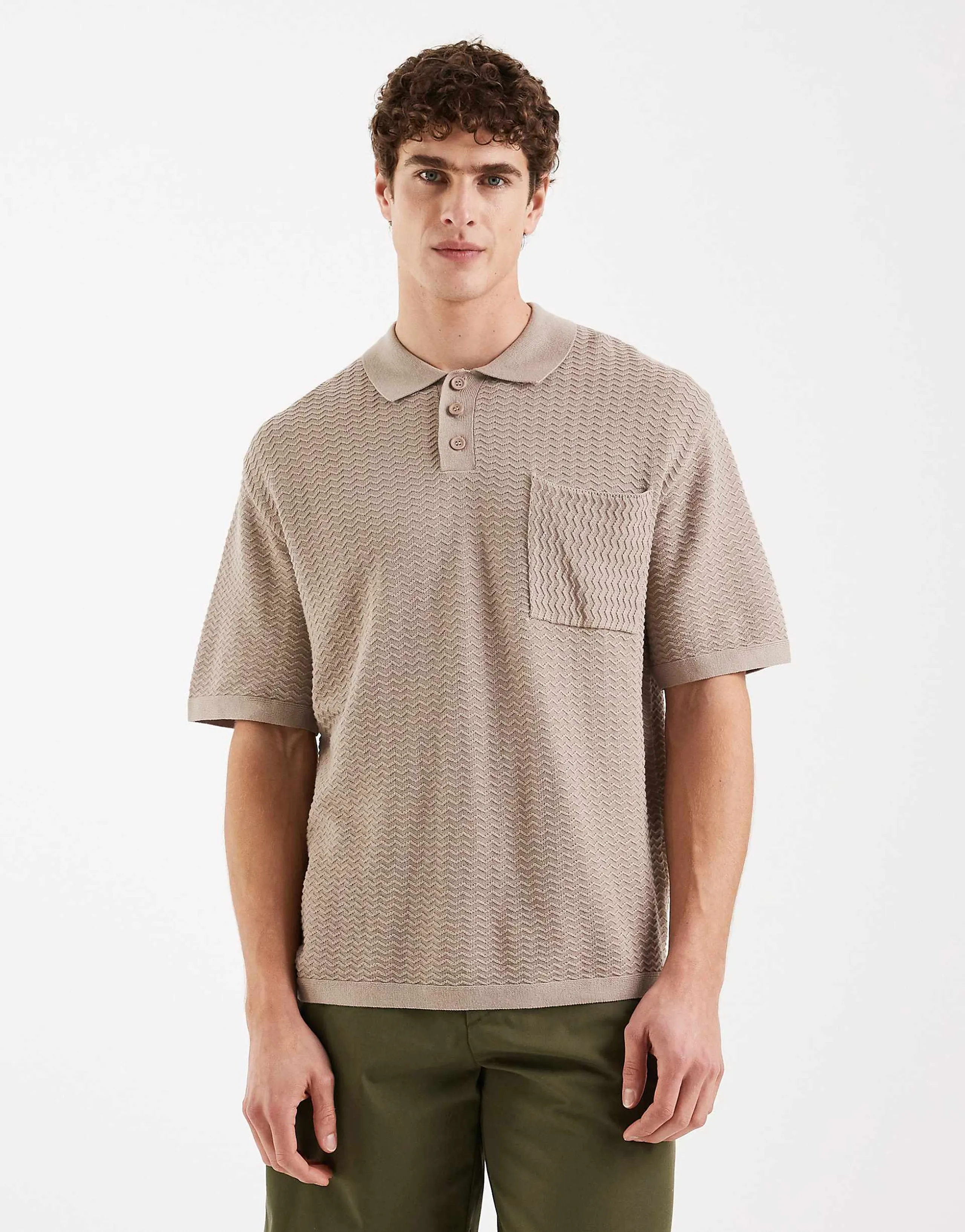 Redefined Rebel Fernando boxy fit short sleeve textured polo shirt in beige