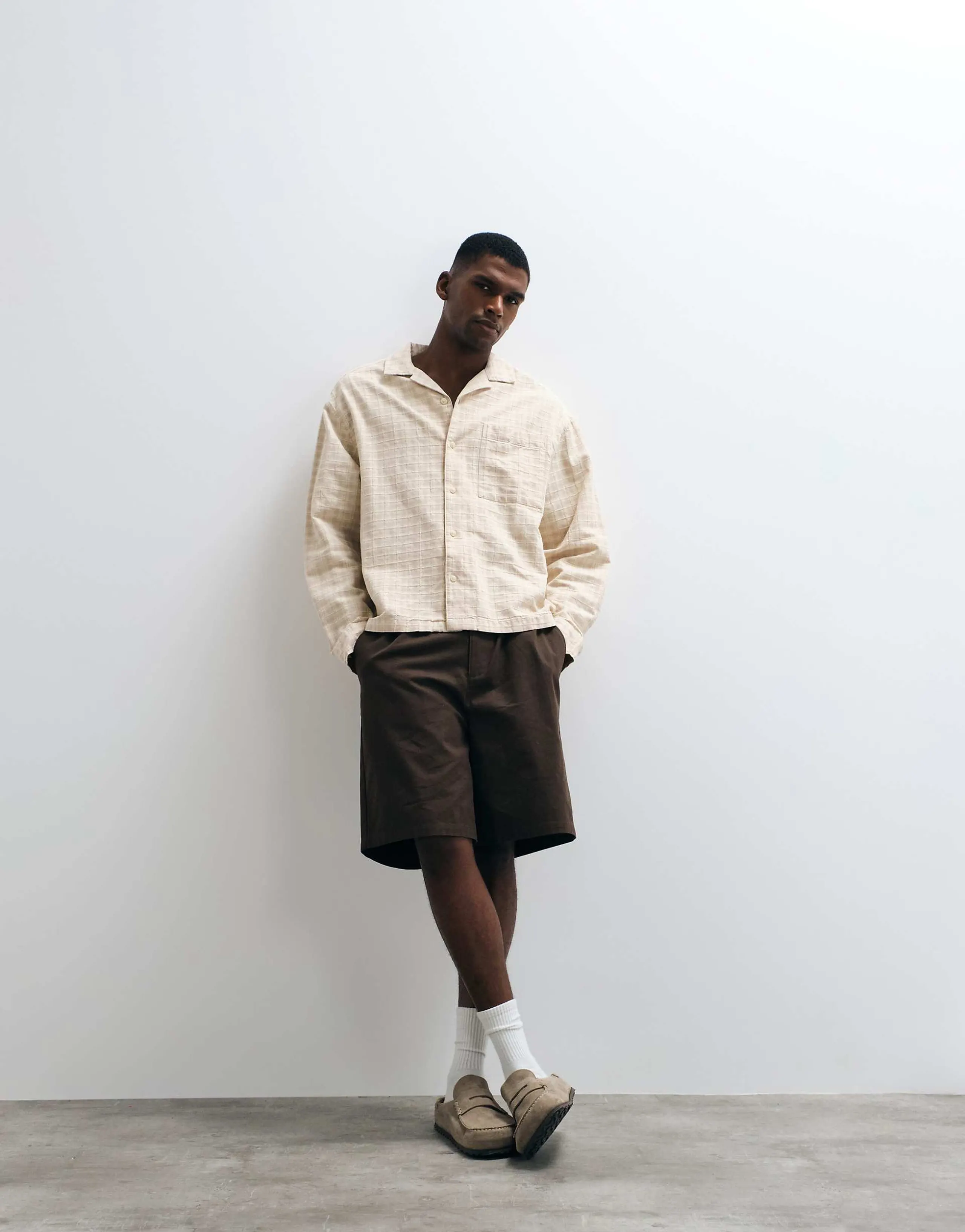 ASOS DESIGN boxy oversized plaid revere shirt in beige
