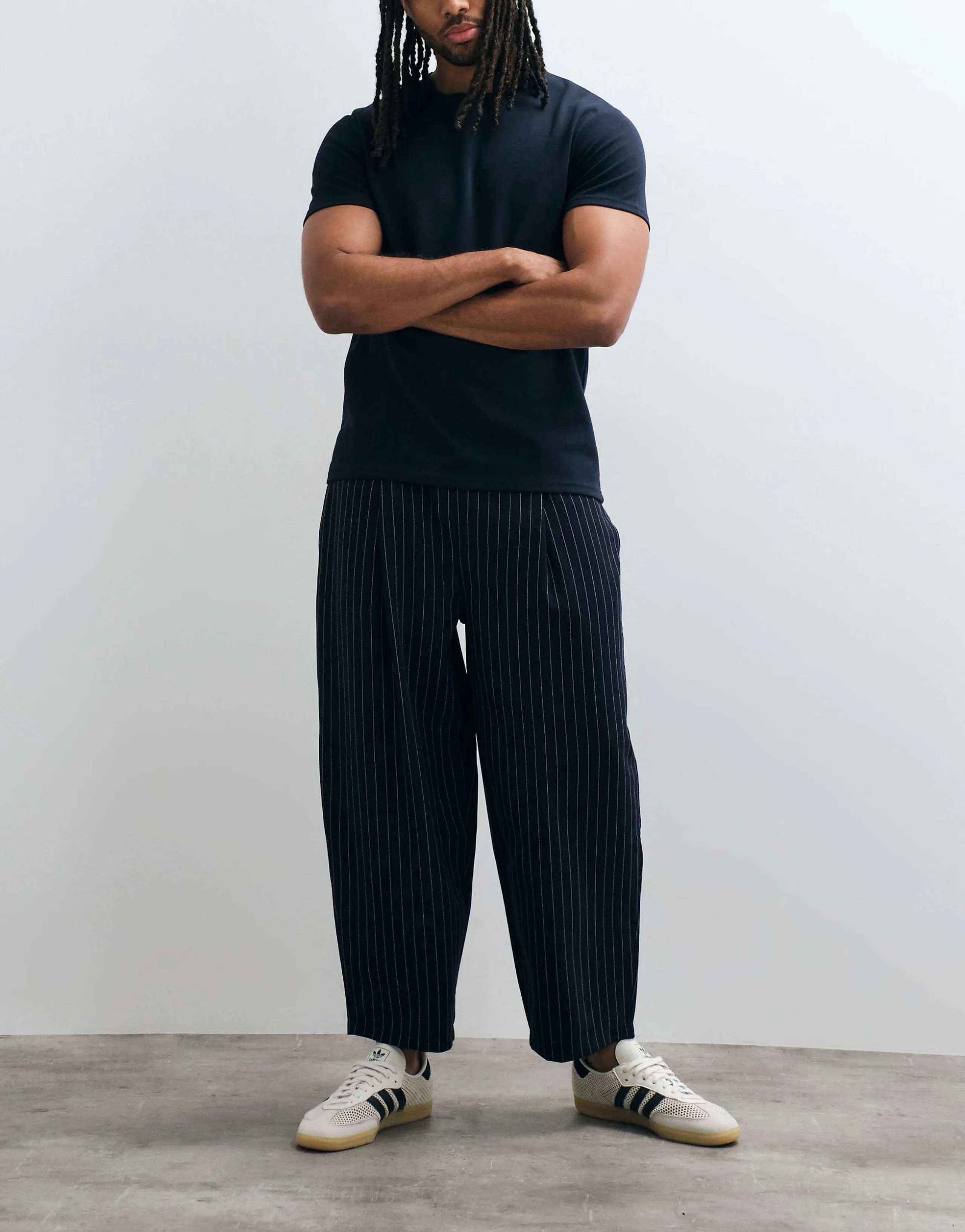 Reclaimed Vintage pull on pants in navy pinstripes