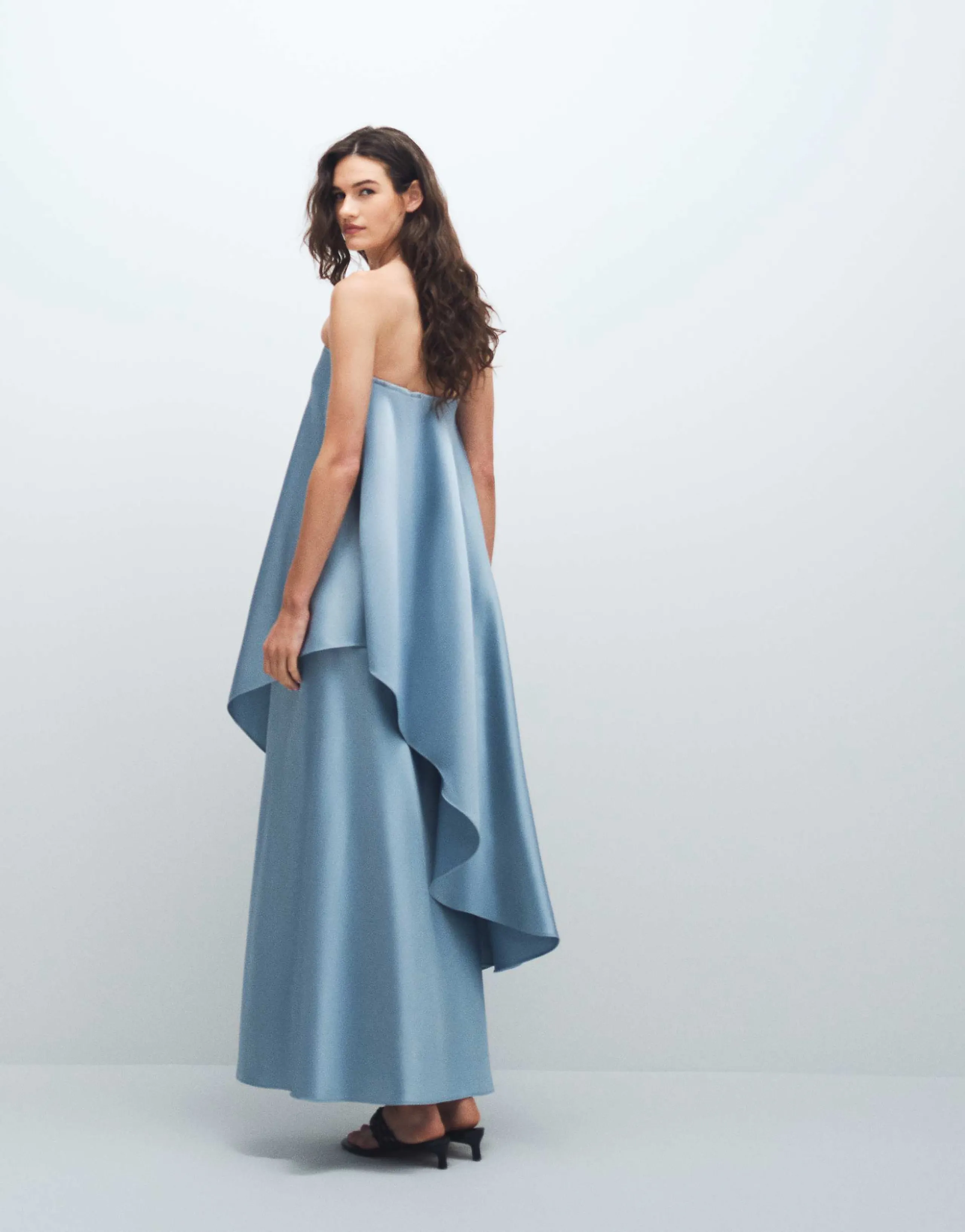 4th & Reckless strapless asymmetric drape layered satin maxi dress in light blue