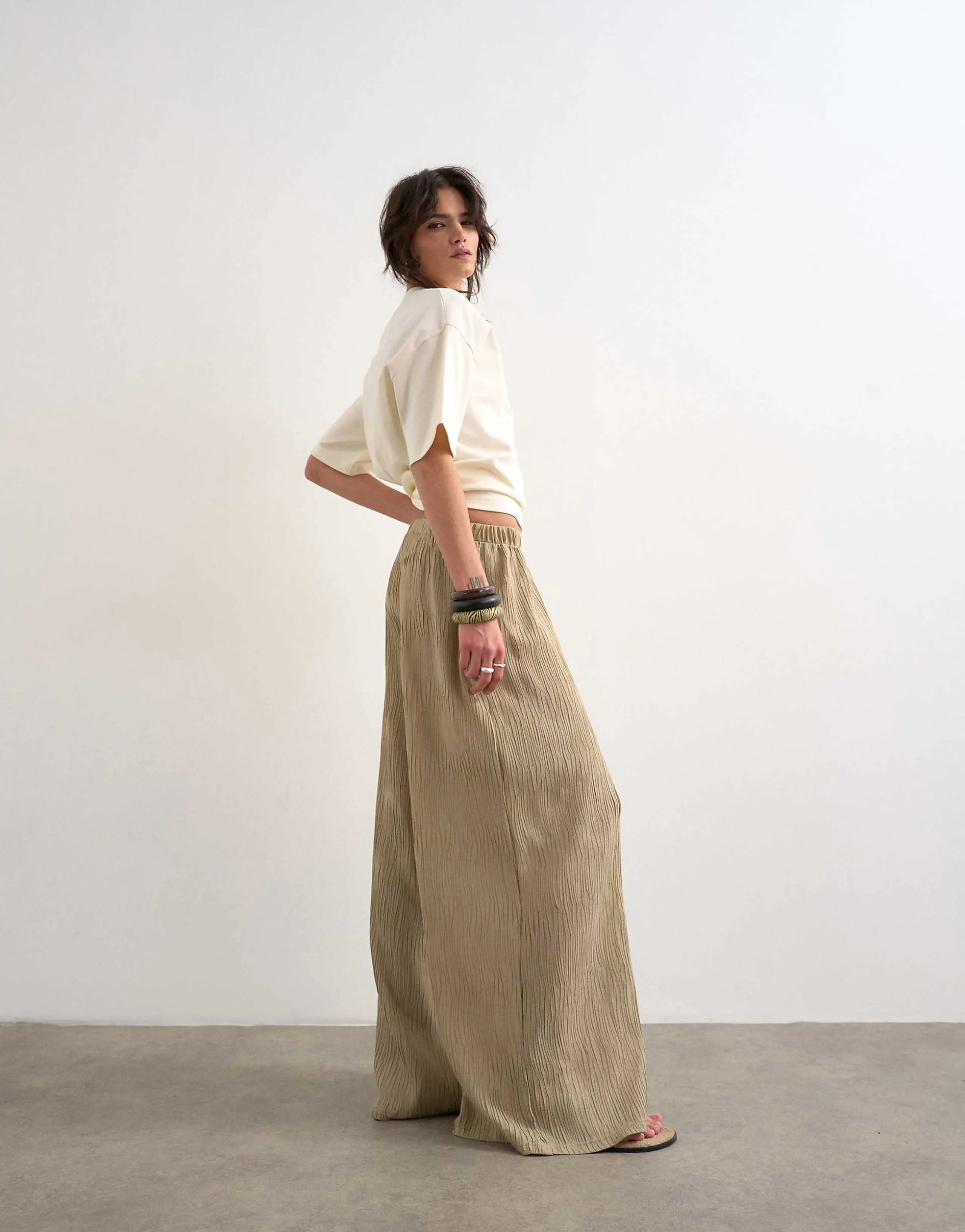 Topshop plissé straight leg pants in beige