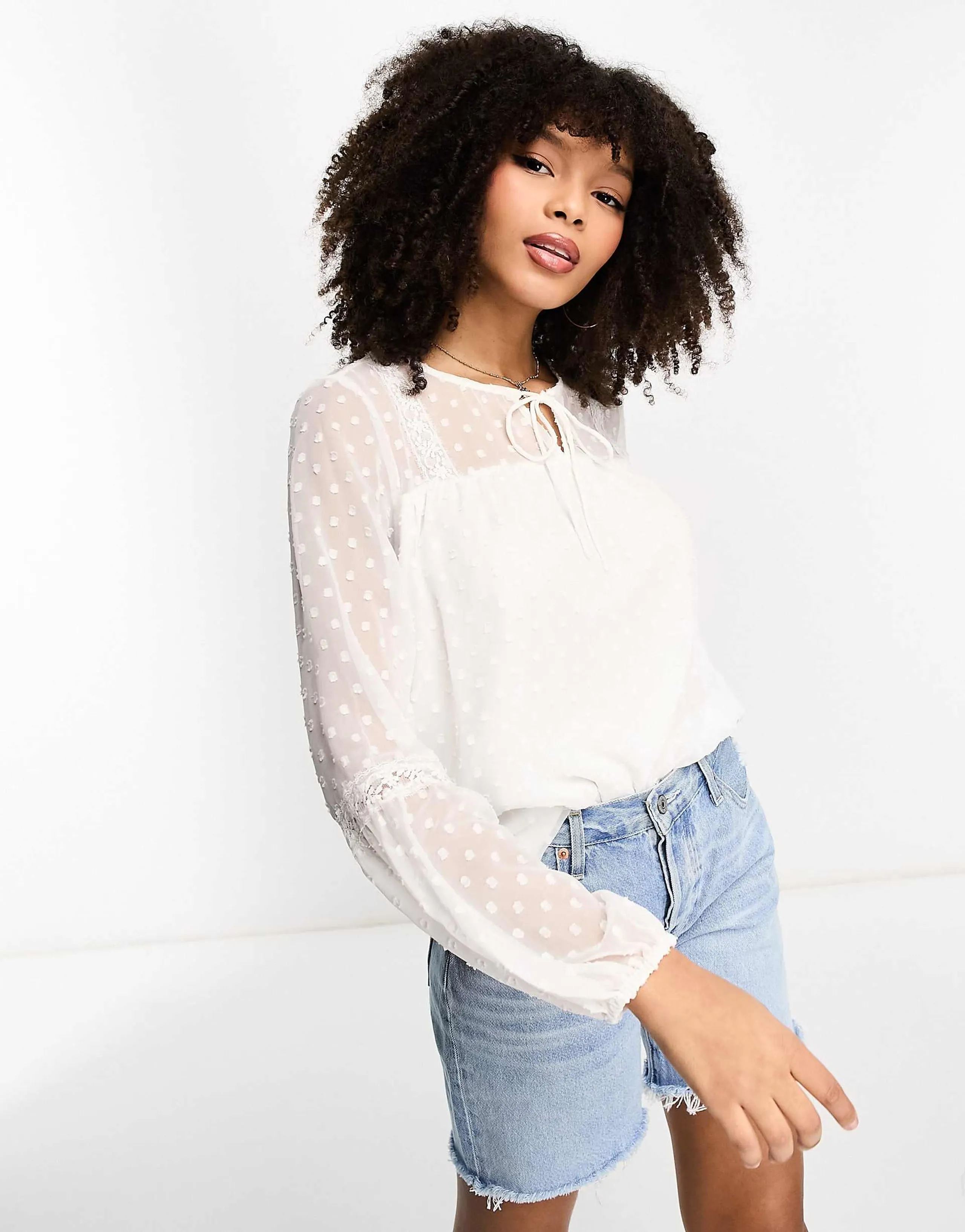 Vila textured sleeve blouse in white