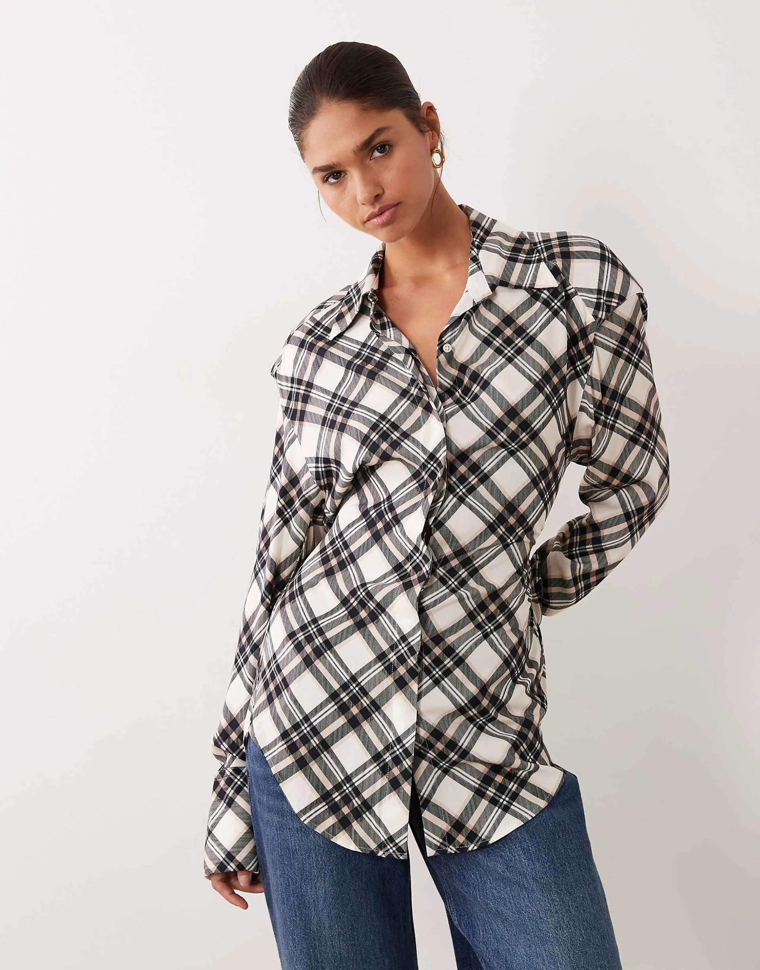 ASOS DESIGN cinched shoulder pads tie back shirt in plaid