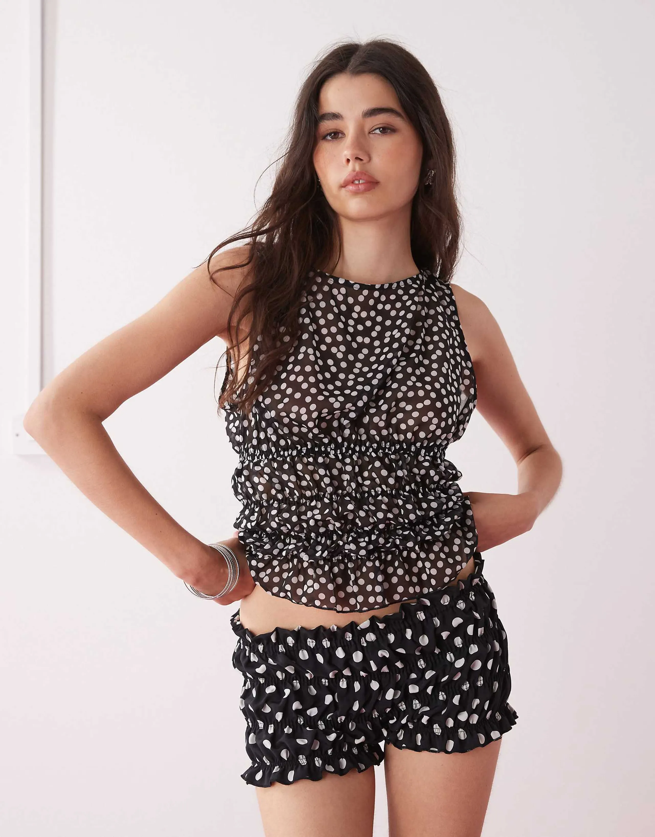 COLLUSION woven shirred polka dot hot pants in black