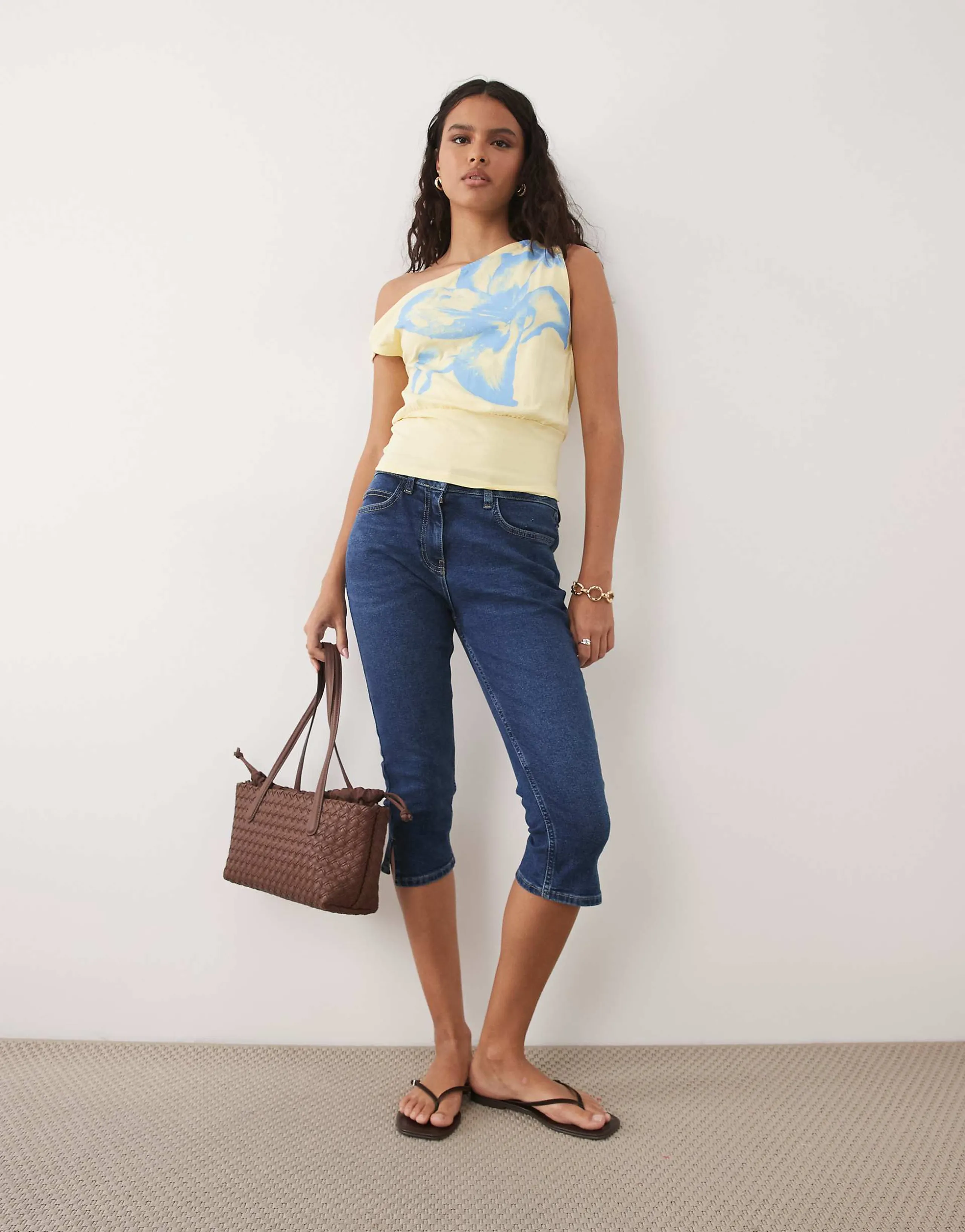 ASOS DESIGN off shoulder cinched waist top with lily flower graphic in buttermilk