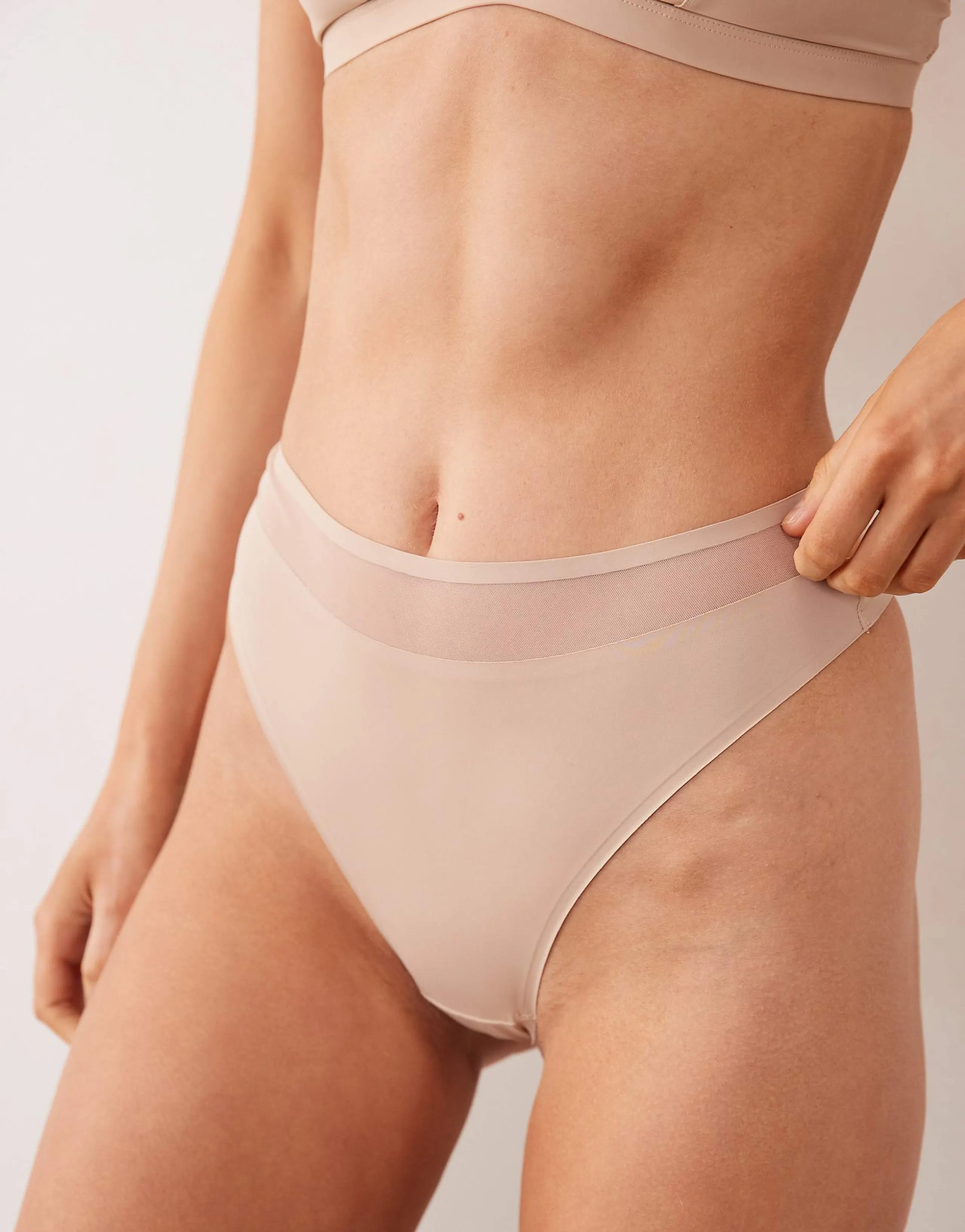 ASOS DESIGN Ella microfiber high leg high waist thong with mesh detail in beige