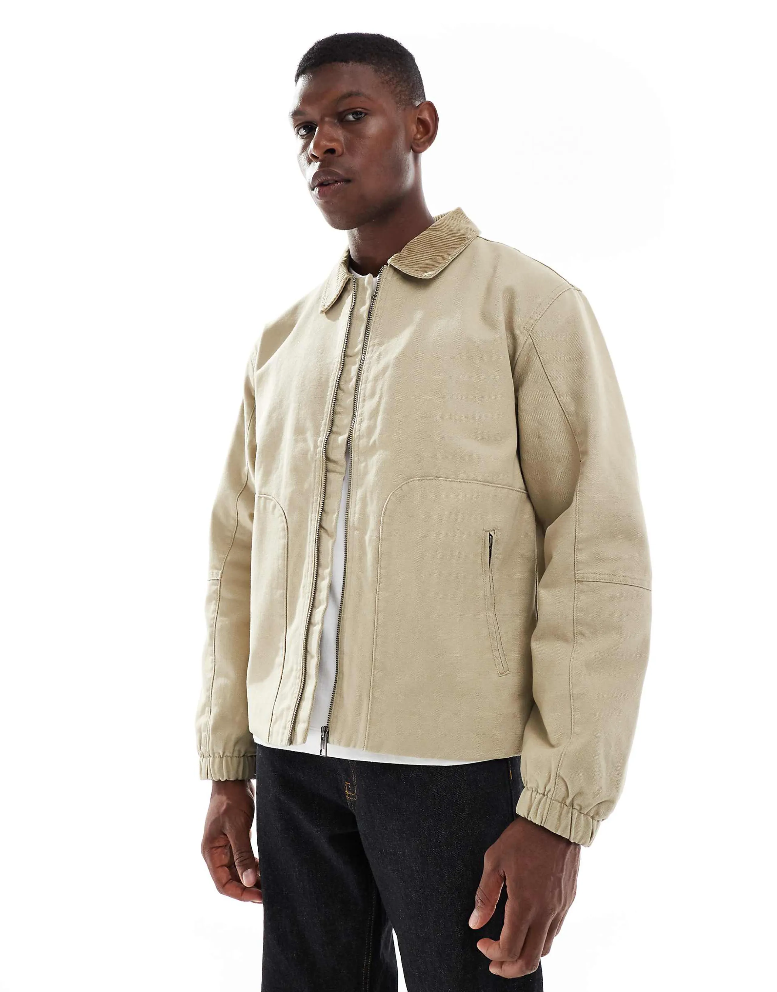 ONLY & SONS oversized heavyweight barn jacket with cord collar in beige