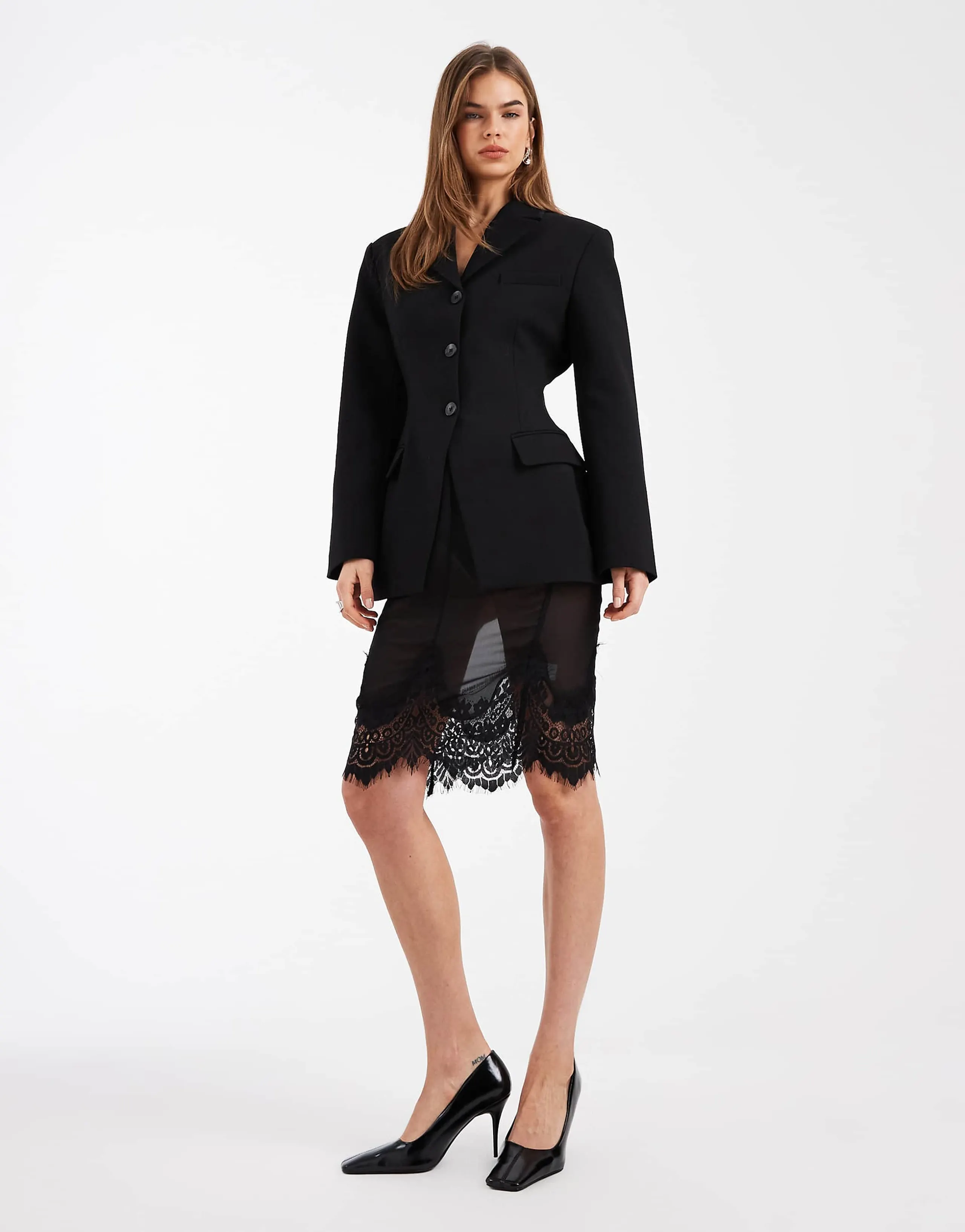 ASOS DESIGN chiffon sheer lace trim midi skirt in black