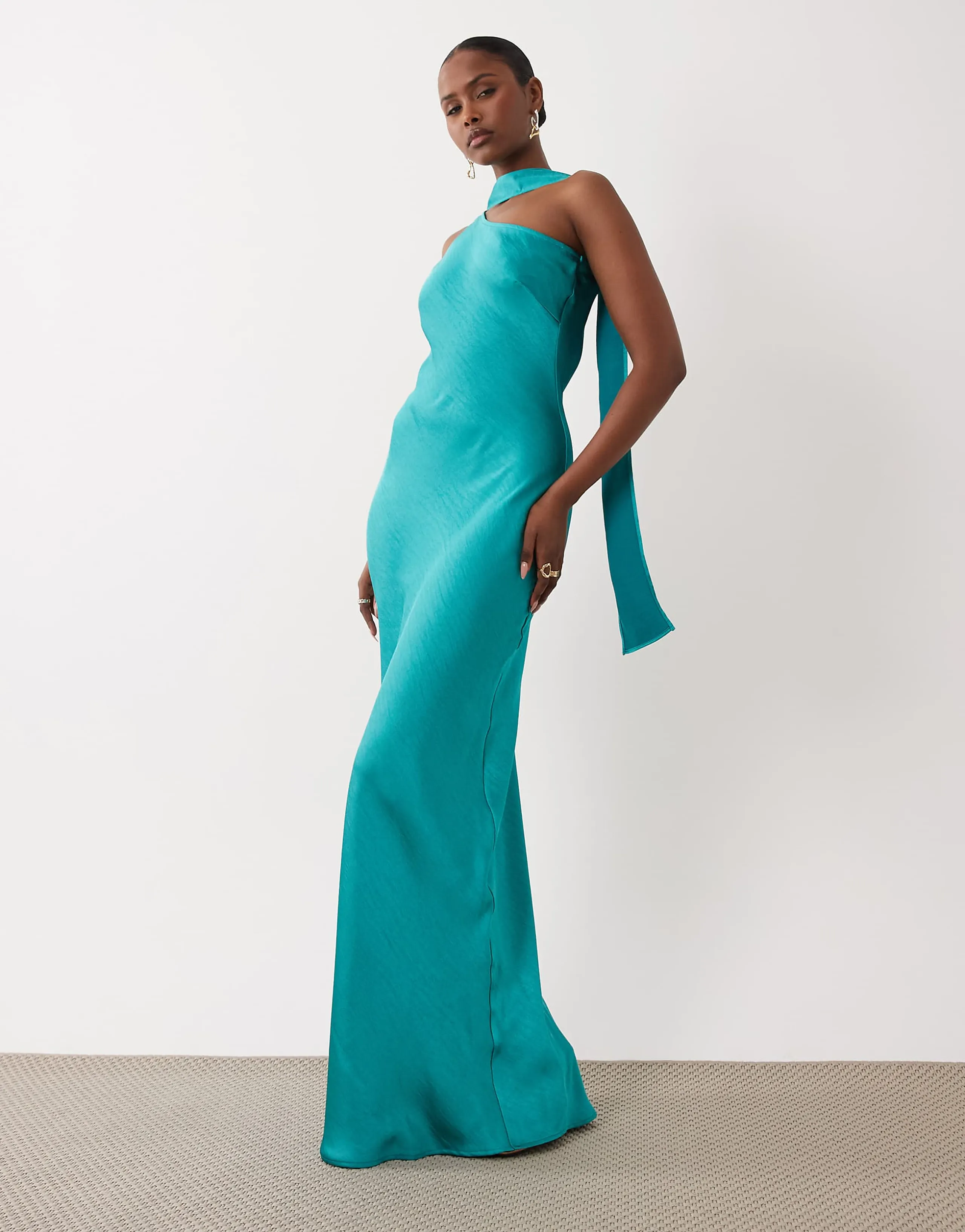 TFNC satin one shoulder maxi dress with scarf in aqua