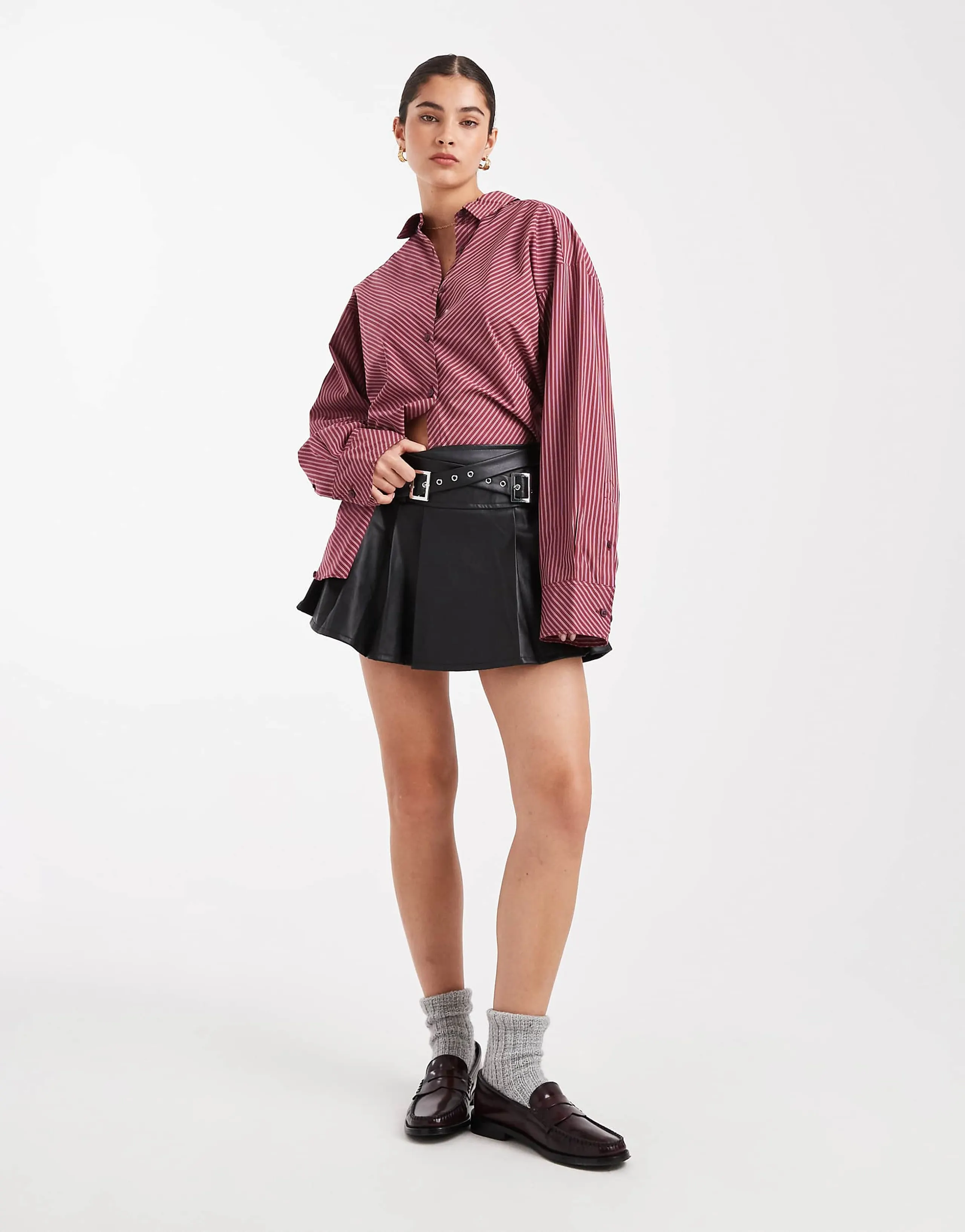Miss Selfridge faux leather pleated kilt with buckles in black