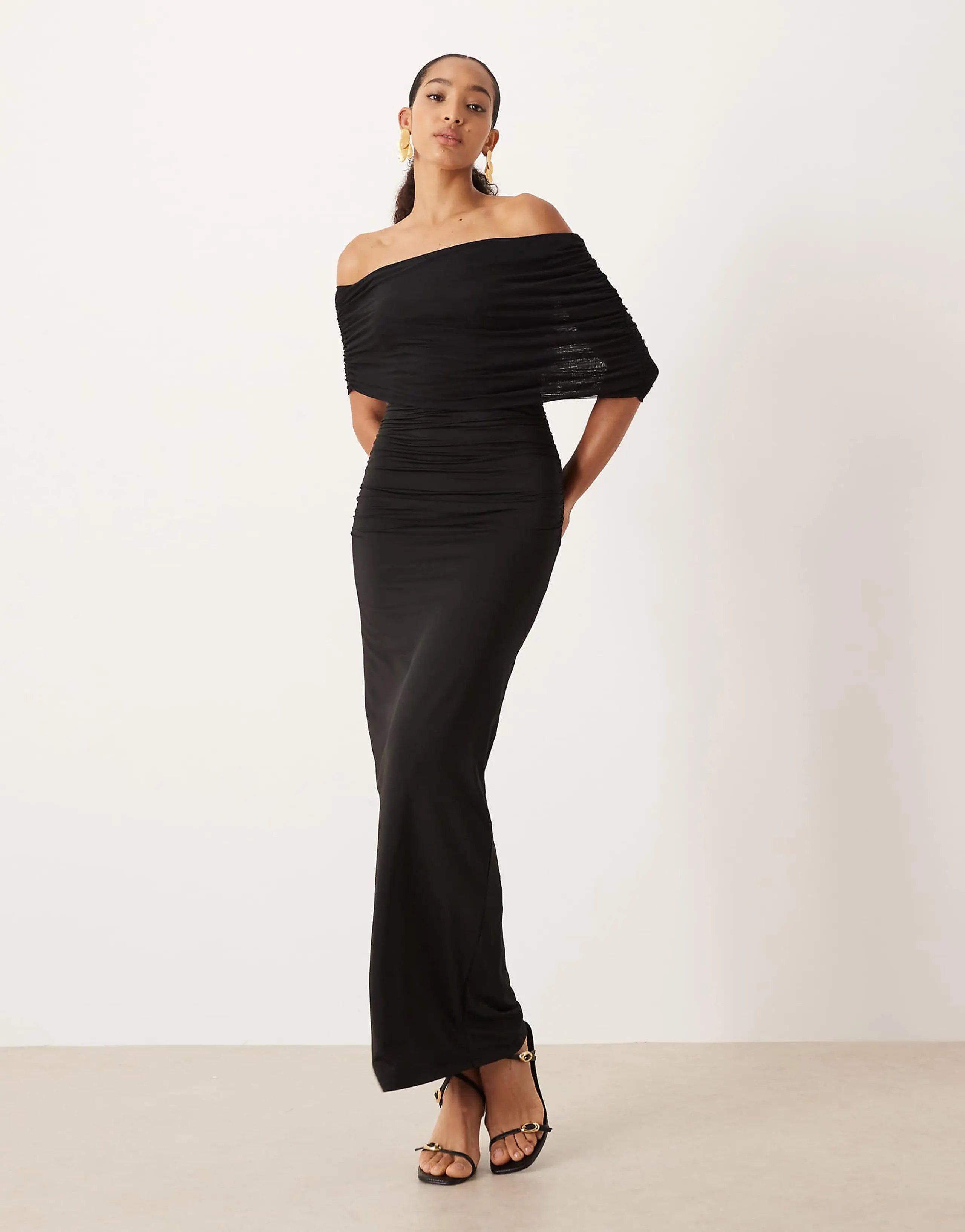 SNDYS mesh bardot sleeve ruched waist maxi dress in black