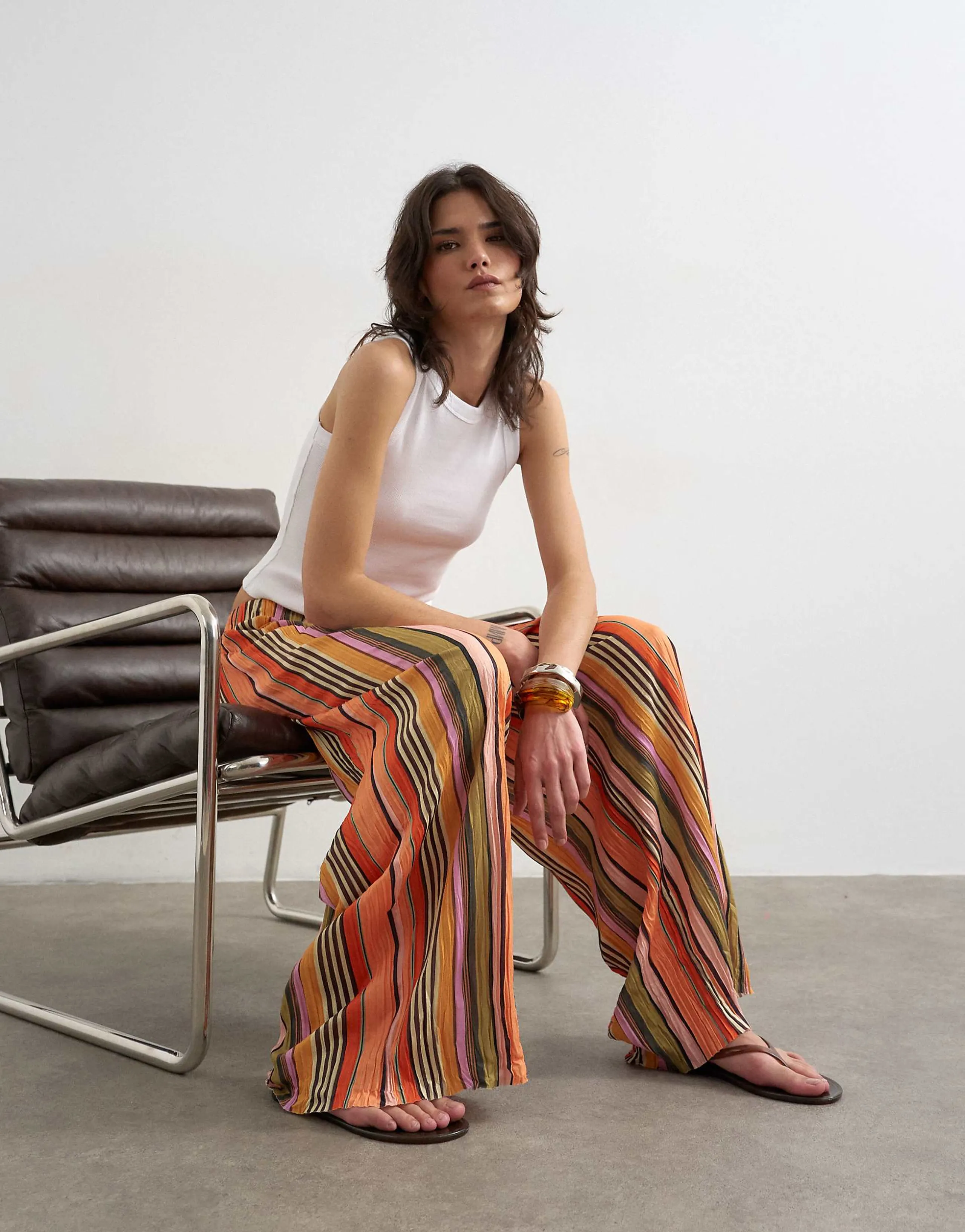 Topshop striped plisse tie waist wide leg pants in orange