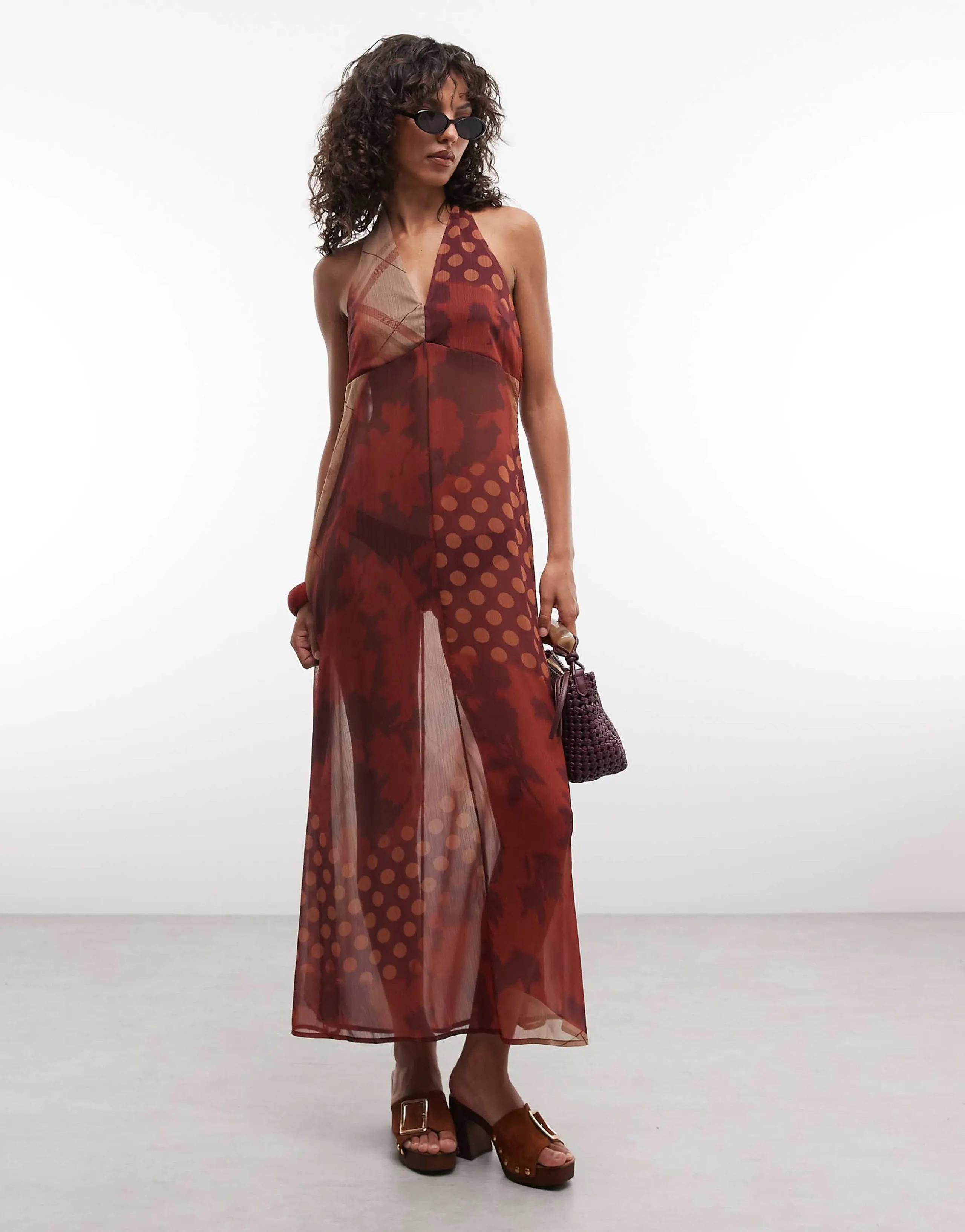 Reclaimed Vintage chiffon halterneck maxi in mixed print