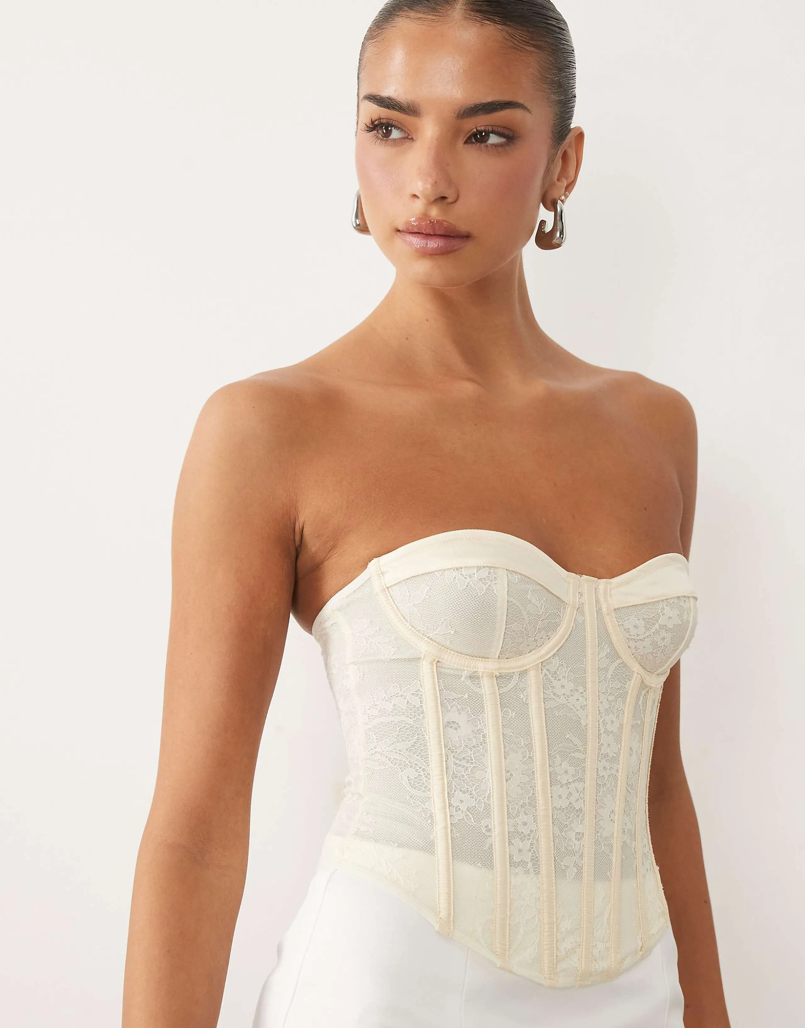 ASOS DESIGN lace mix detailing corset top with boning in buttermilk