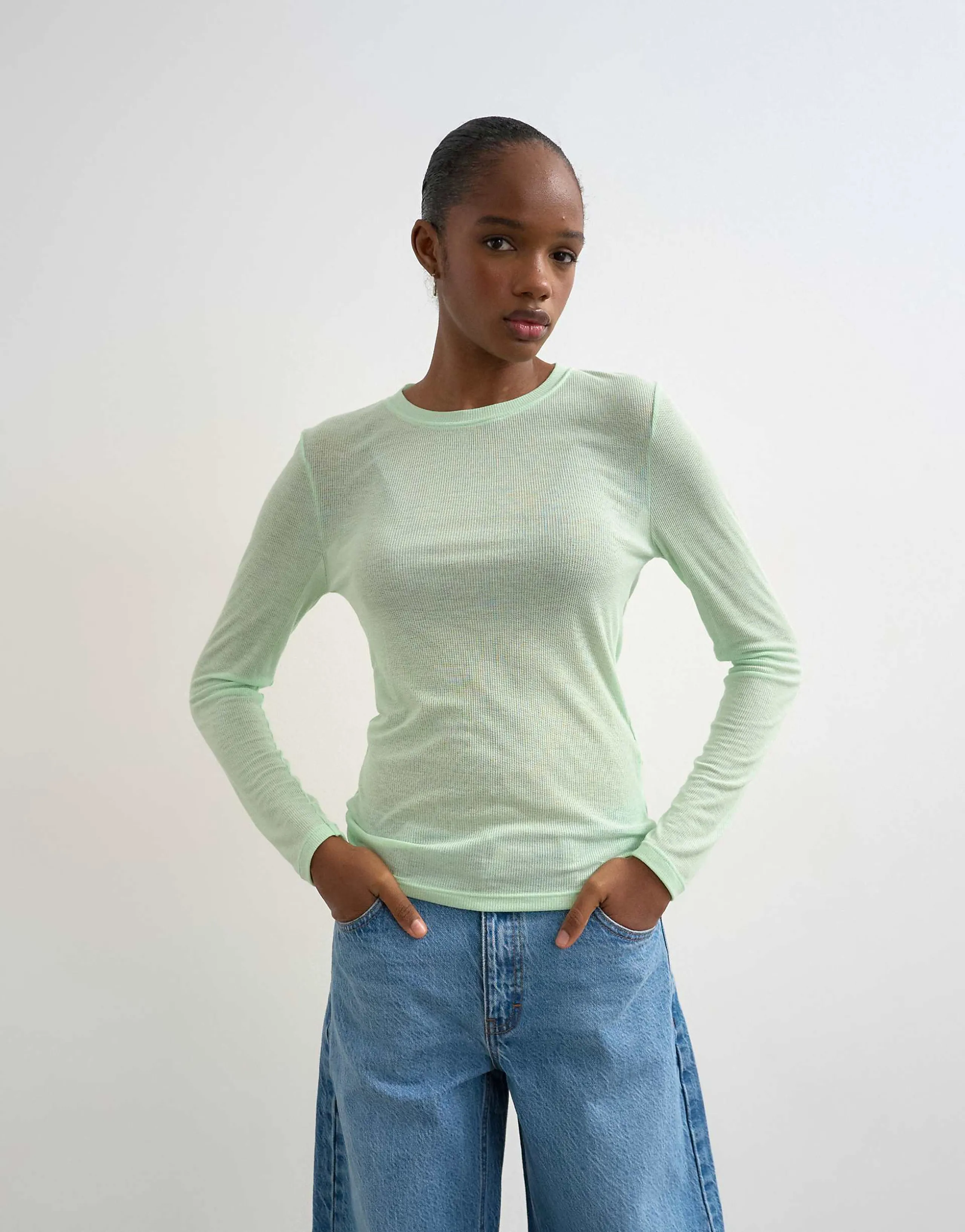 Topshop premium sheer rib knit scoop neck long sleeve top in mint green