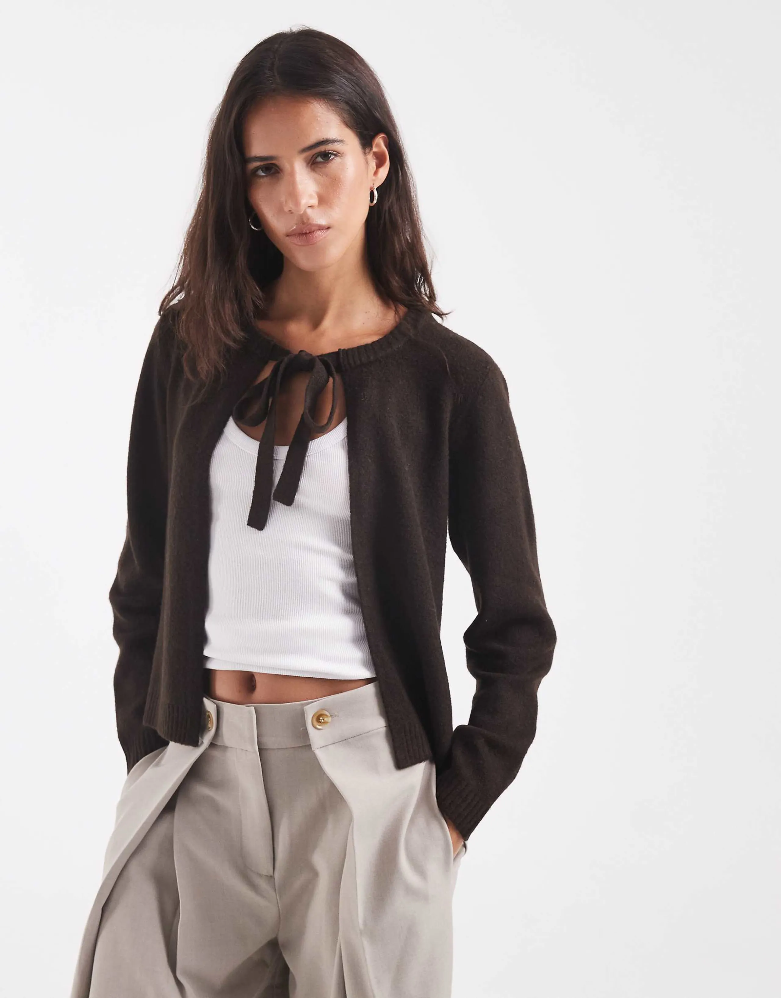 ONLY tie front knit cardigan in chocolate brown