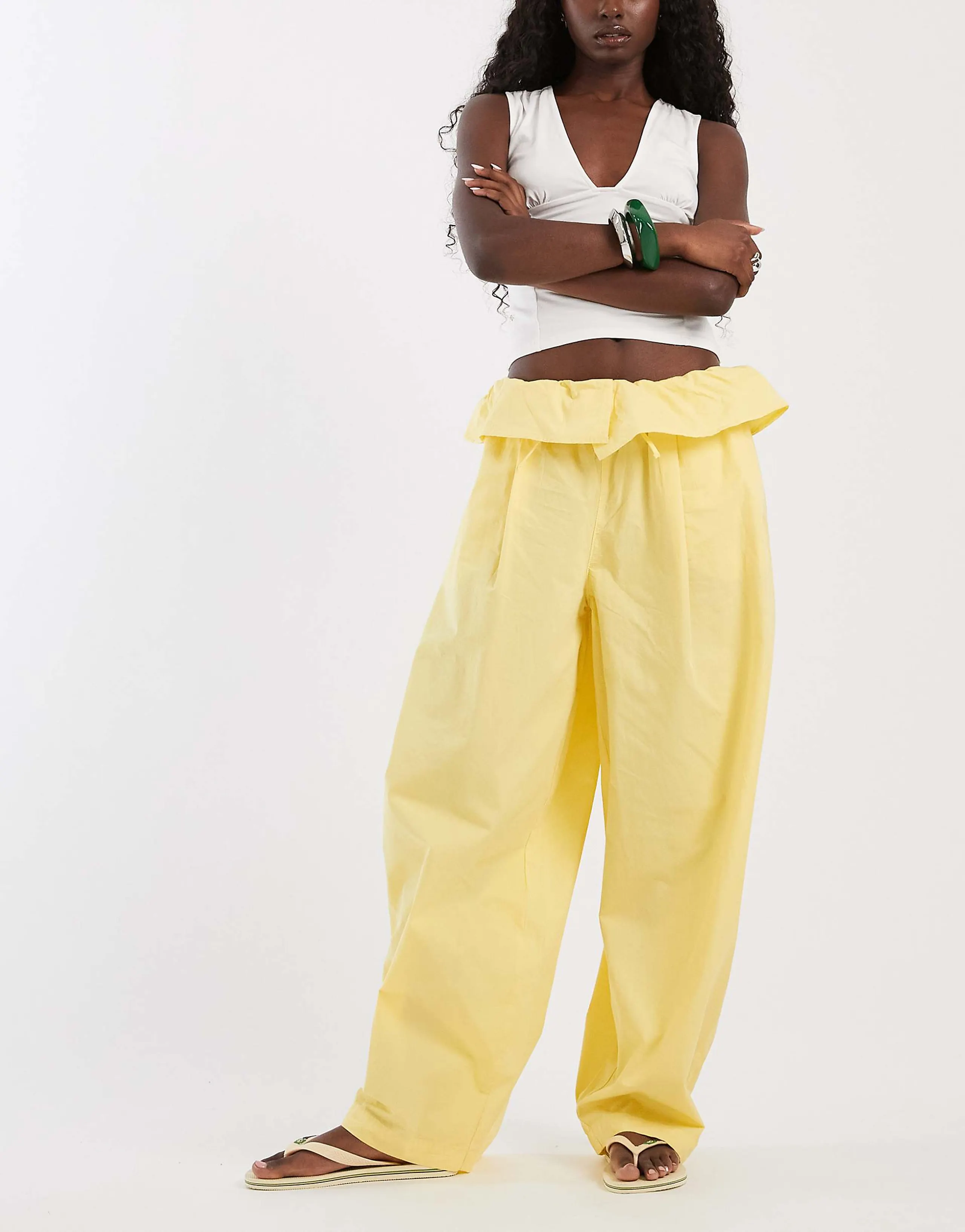 ASOS DESIGN poplin fold-over pleated wide leg pants in buttermilk