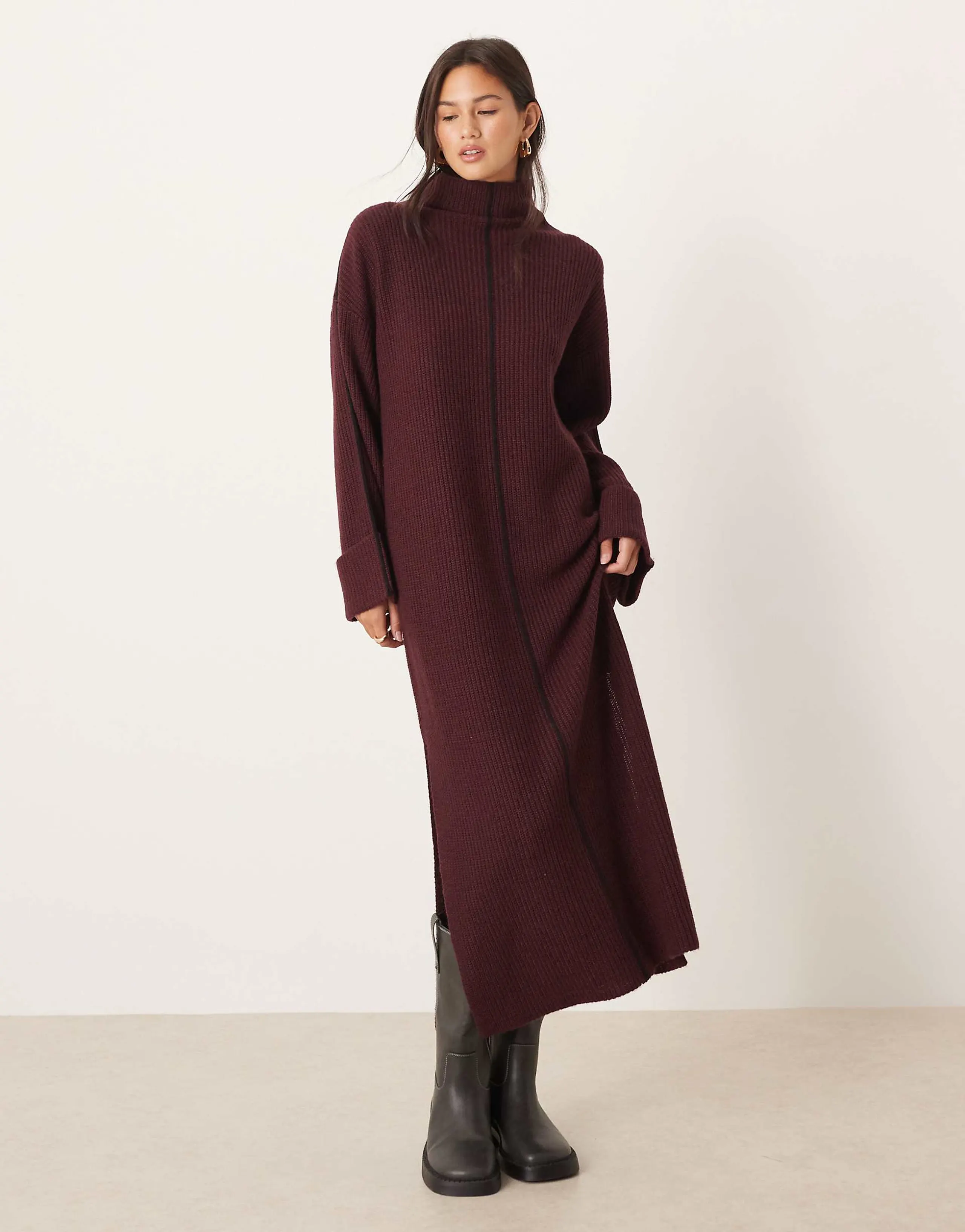 VILA high neck knit maxi dress in burgundy