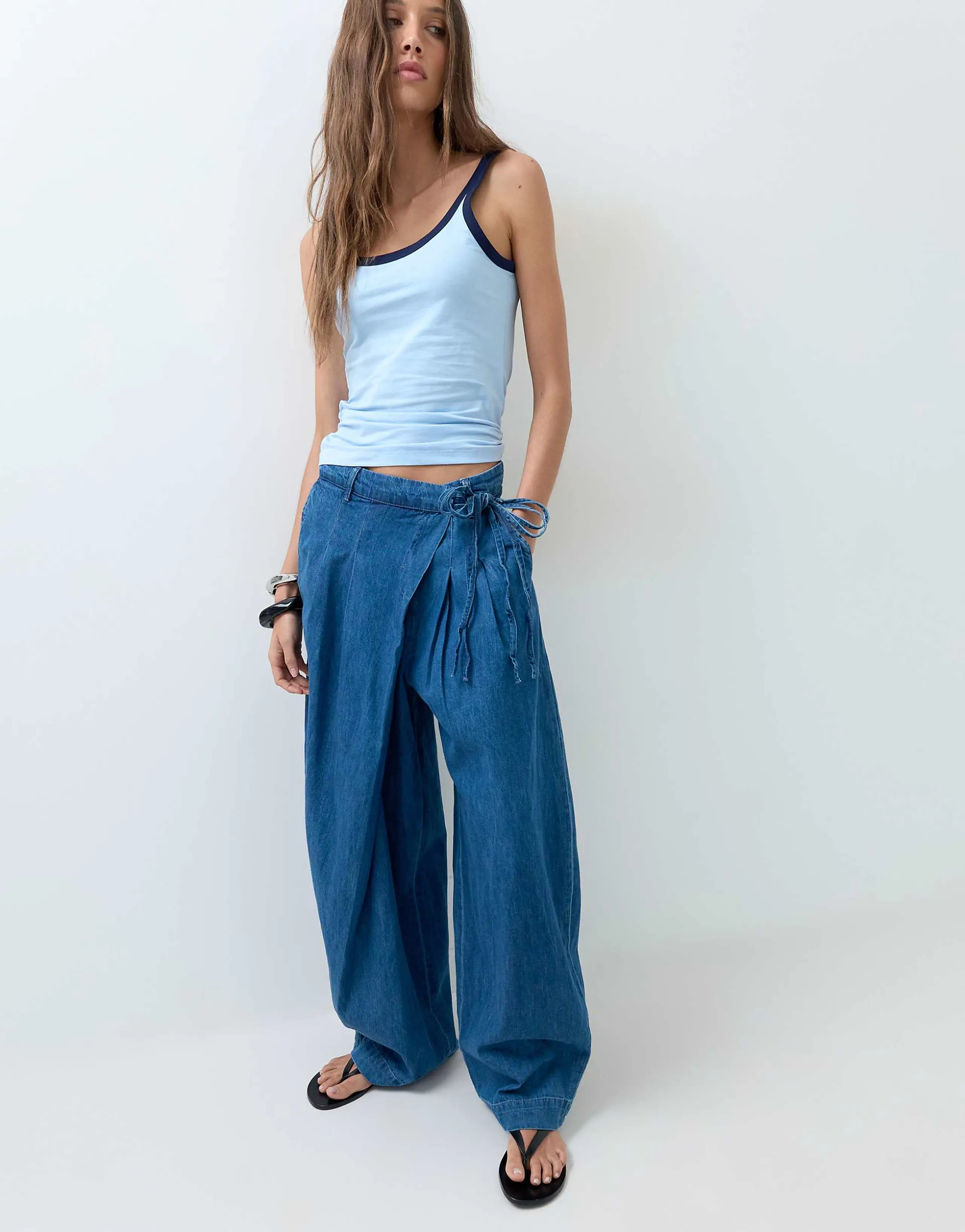 ASOS DESIGN soft wide leg denim pants with wrap waist