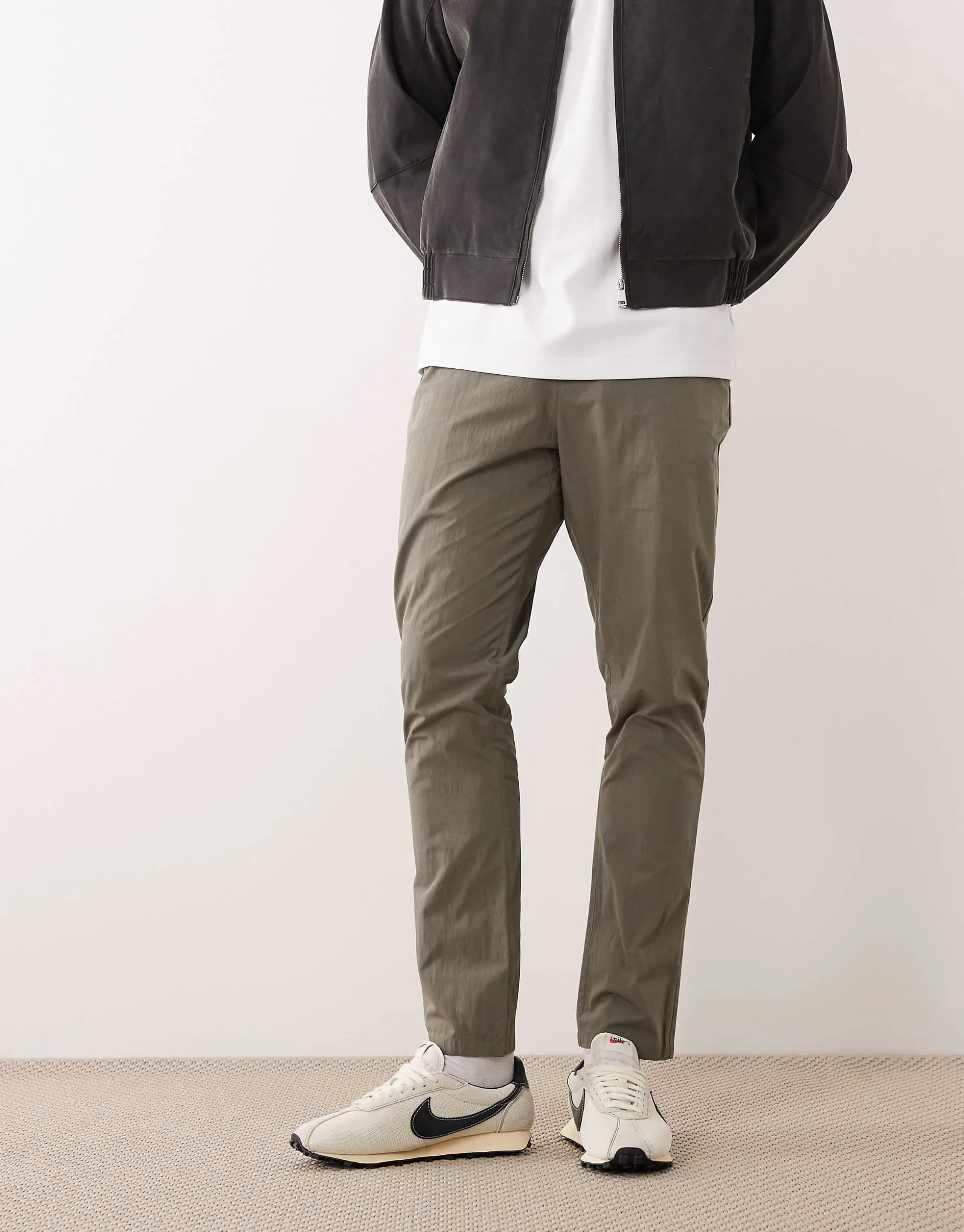 ASOS DESIGN slim pull on pants in khaki techy fabric