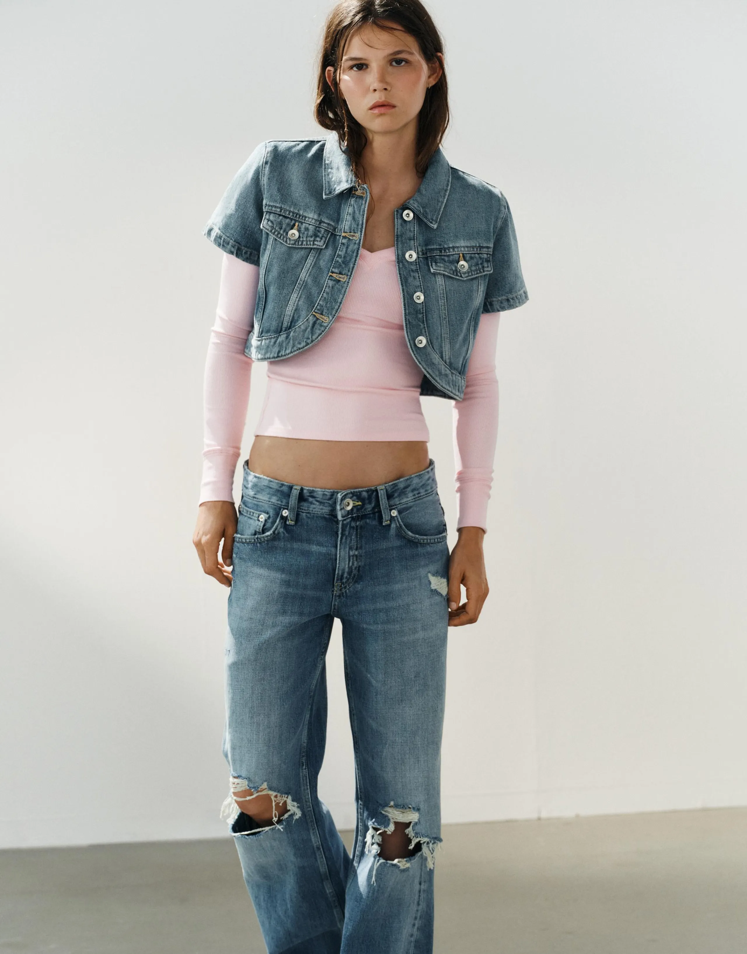 TRF ASYMMETRIC DENIM CROP SHIRT