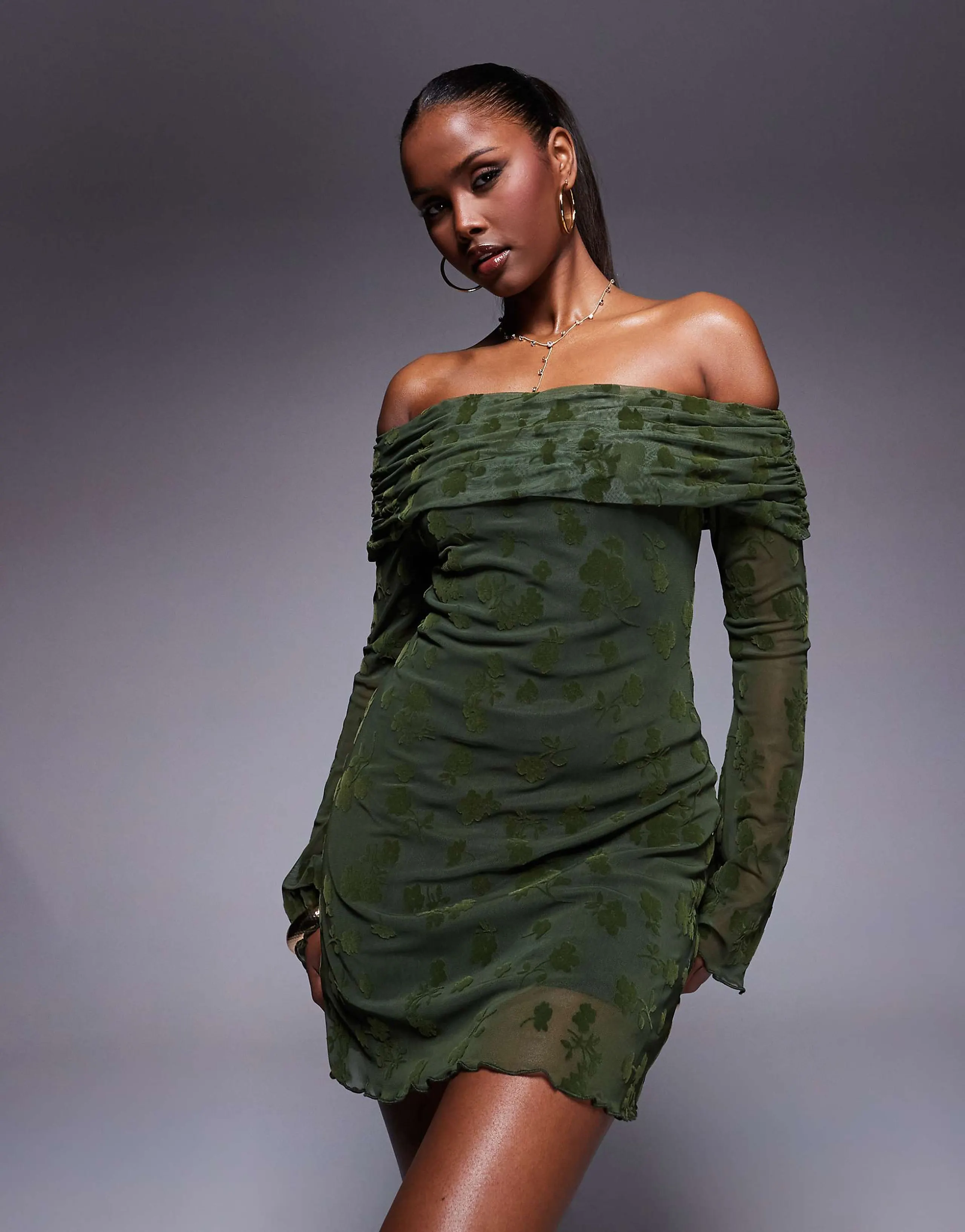 ASOS DESIGN flocked floral fold over off the shoulder mini dress with fluted sleeves in olive