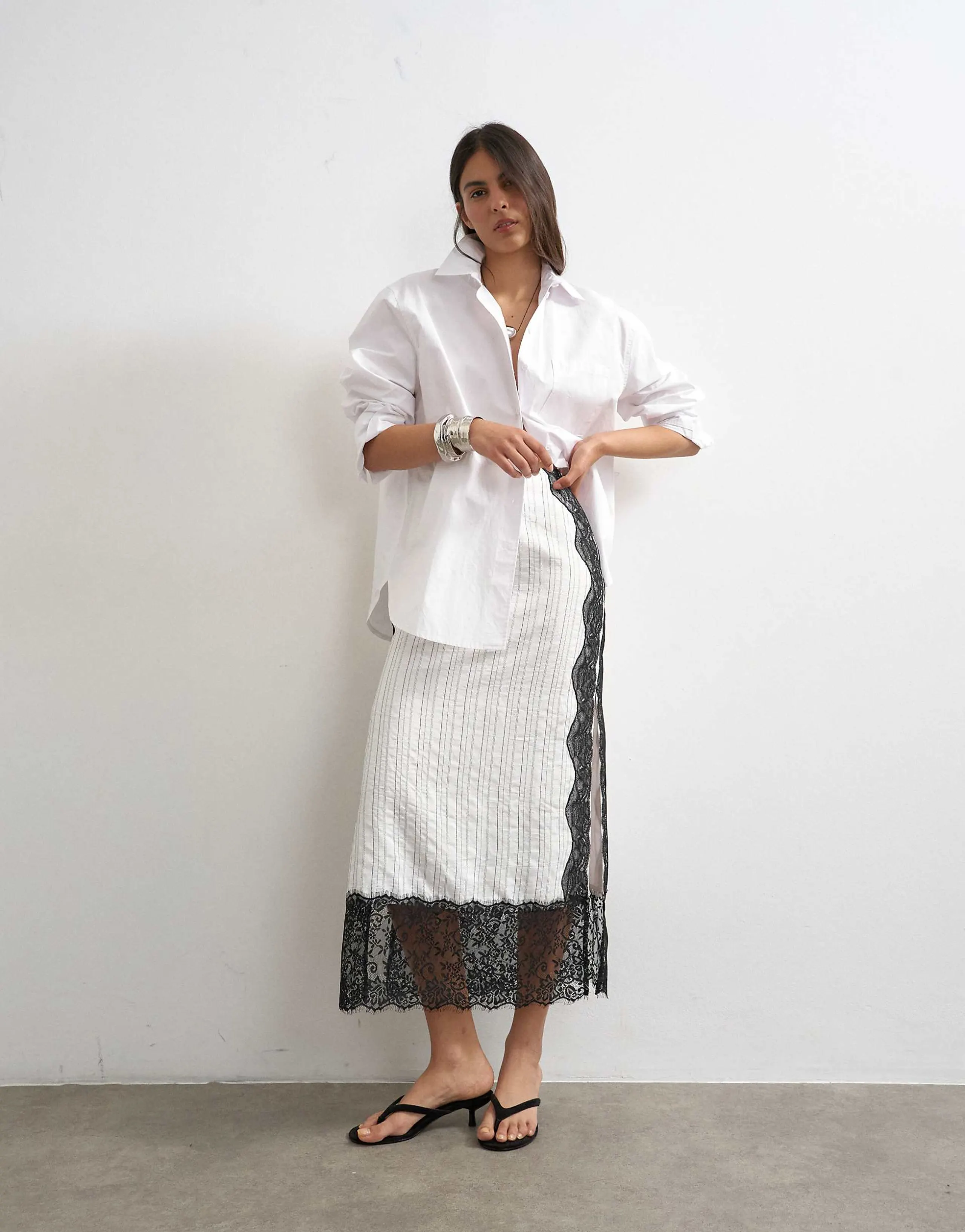 Topshop lace panel column maxi skirt in white stripes