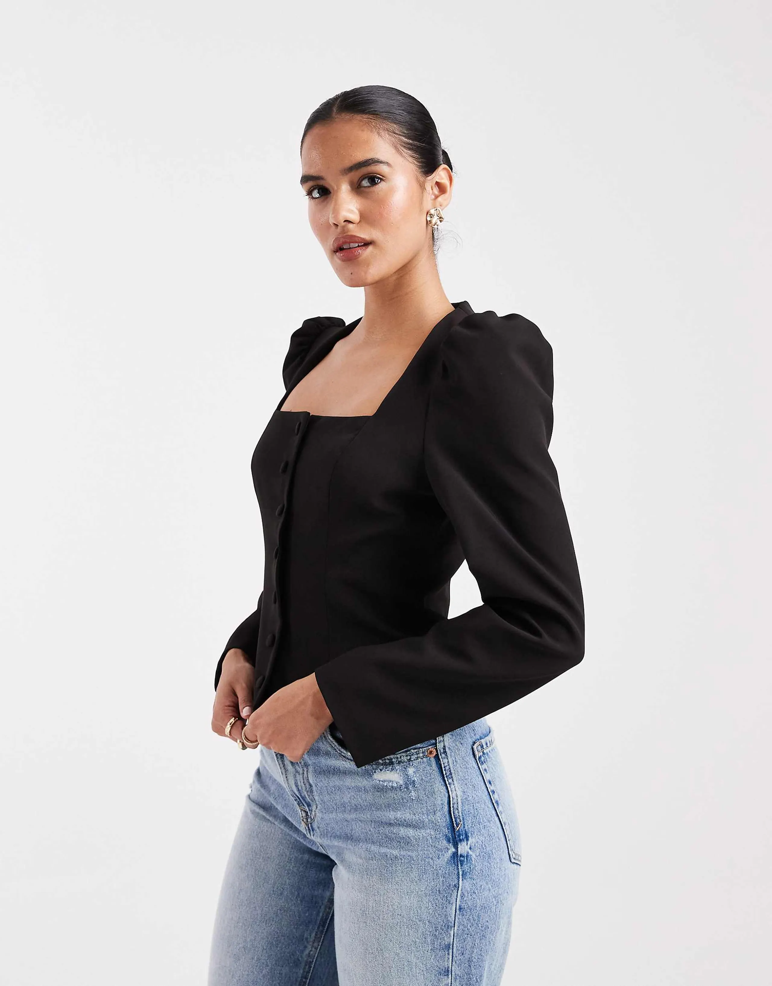 Miss Selfridge tailored collarless puff sleeve top in black
