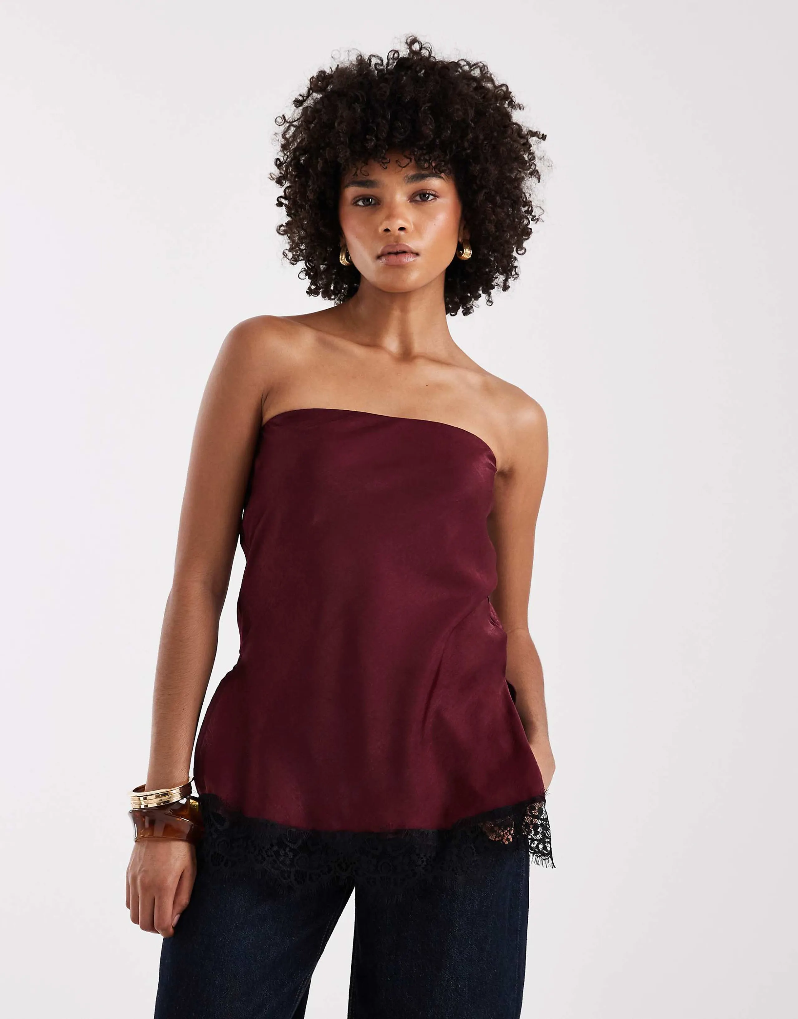 ASOS DESIGN lace trim satin bandeau top in plum