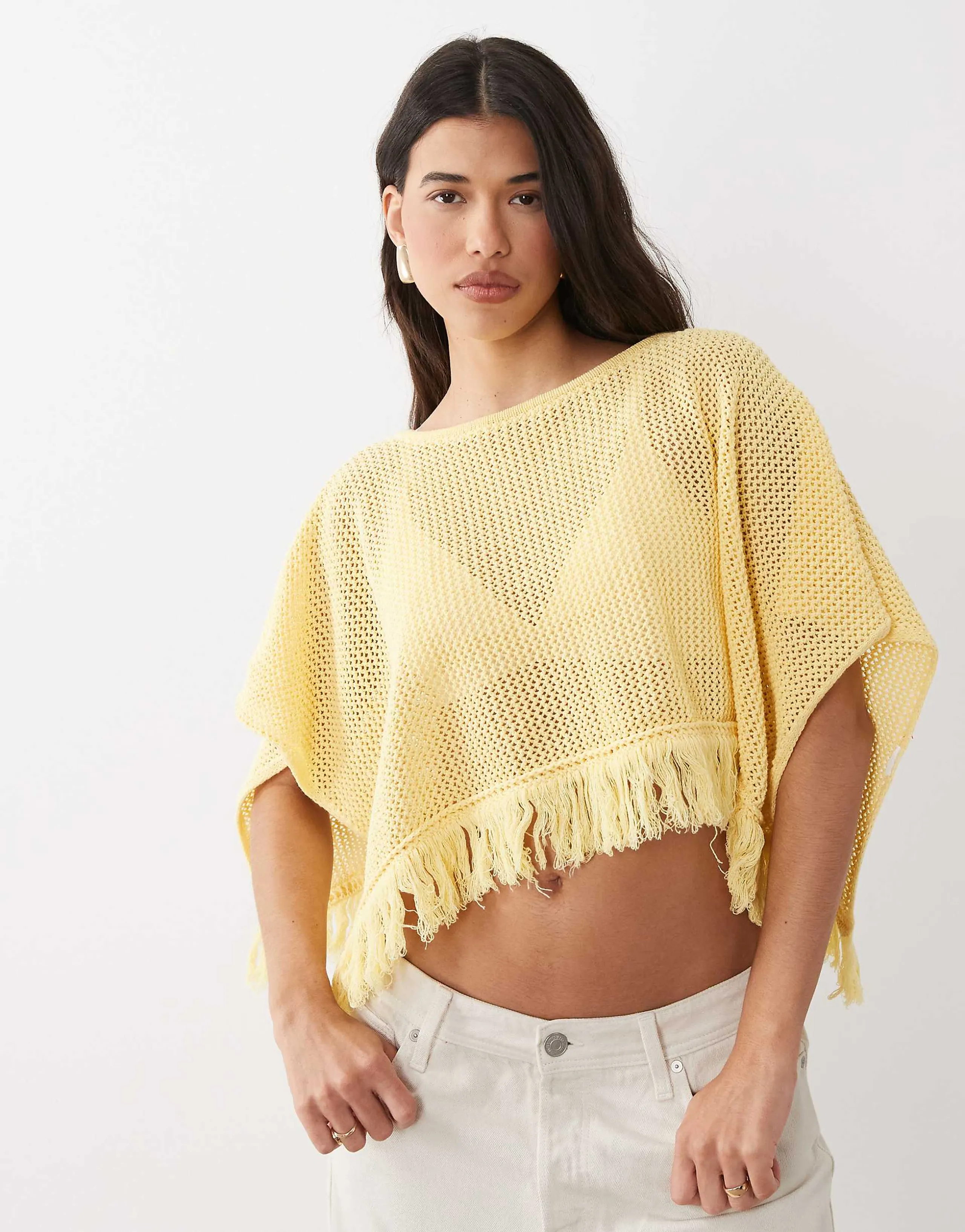 ASOS DESIGN open knit fringe cape in buttermilk