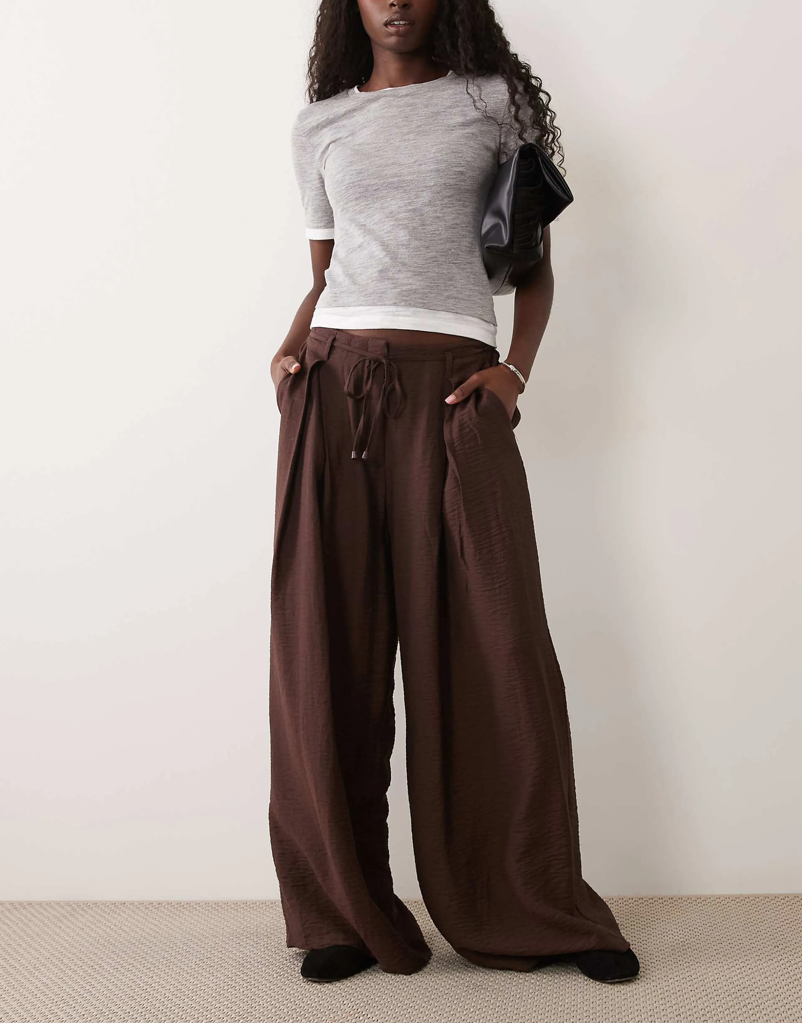ASOS DESIGN textured wide leg pants with tie waist in chocolate
