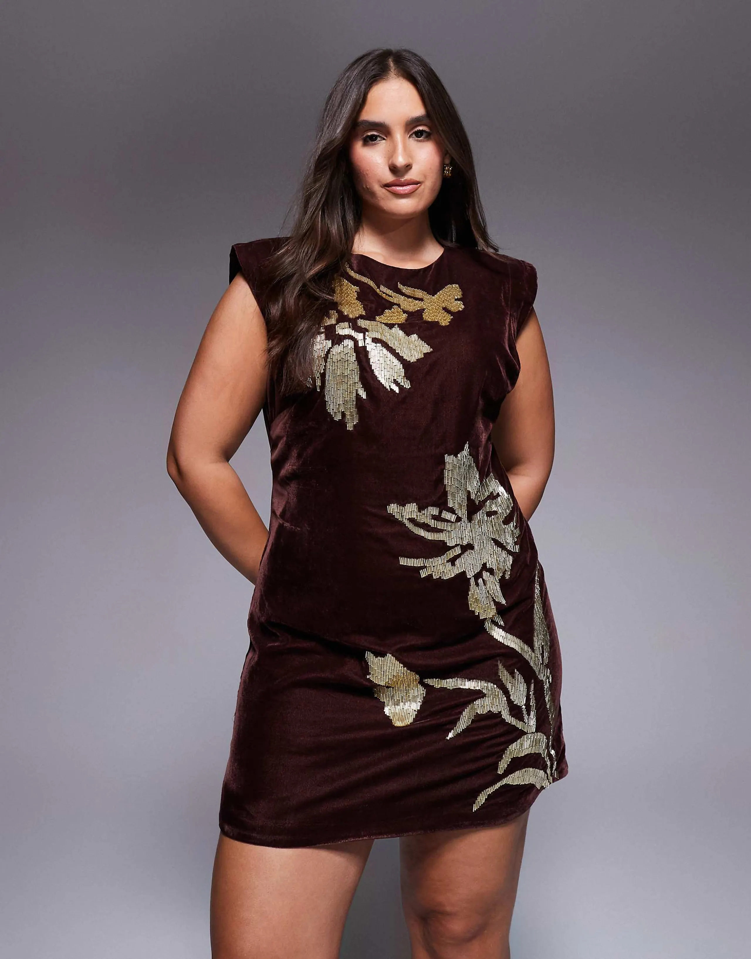ASOS DESIGN Curve velvet shoulder pad mini dress with floral embellishment in mulberry
