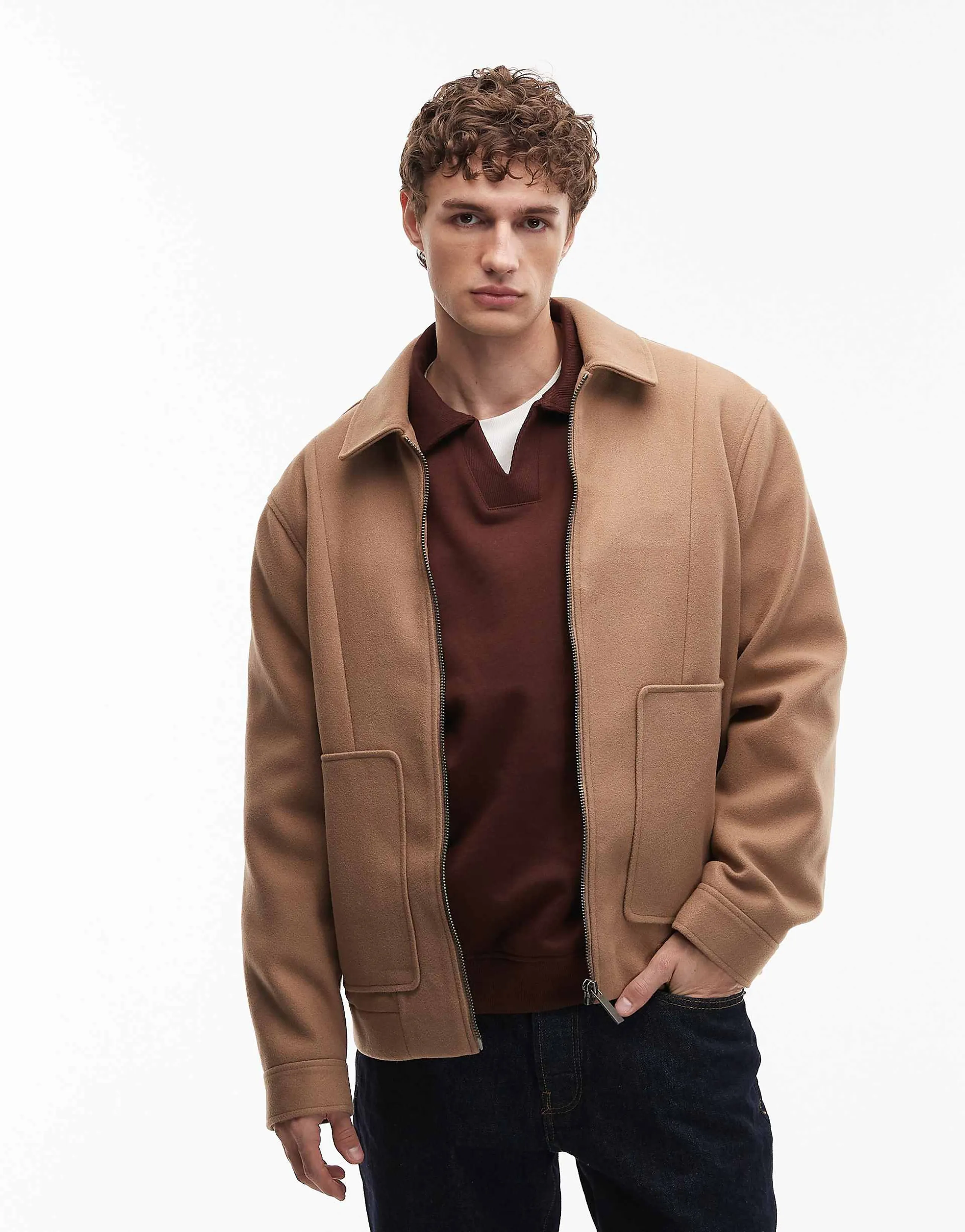 ASOS DESIGN bomber jacket in wool look light brown