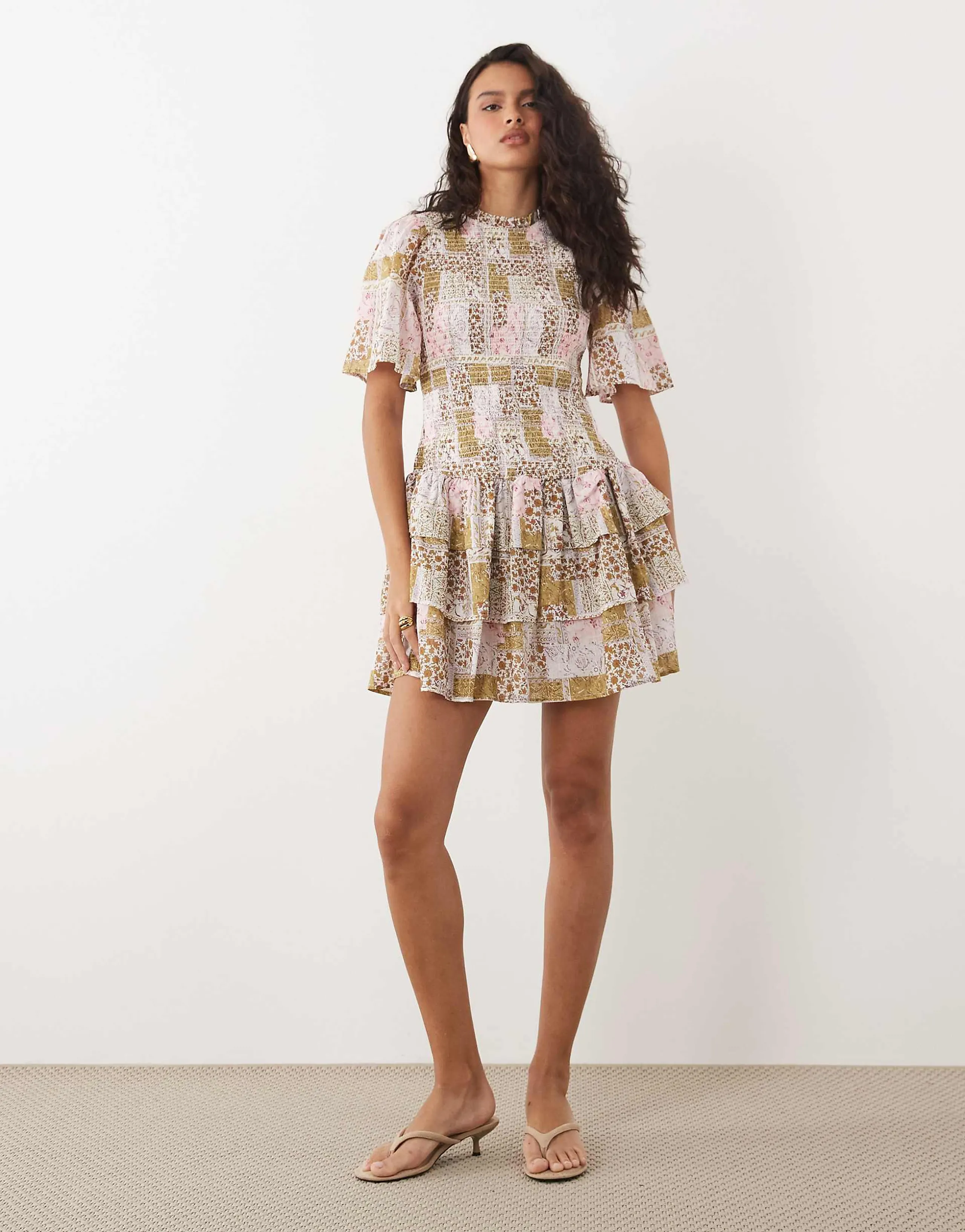 YAS shirred bodice tiered ruffle hem mini dress in patchwork floral print