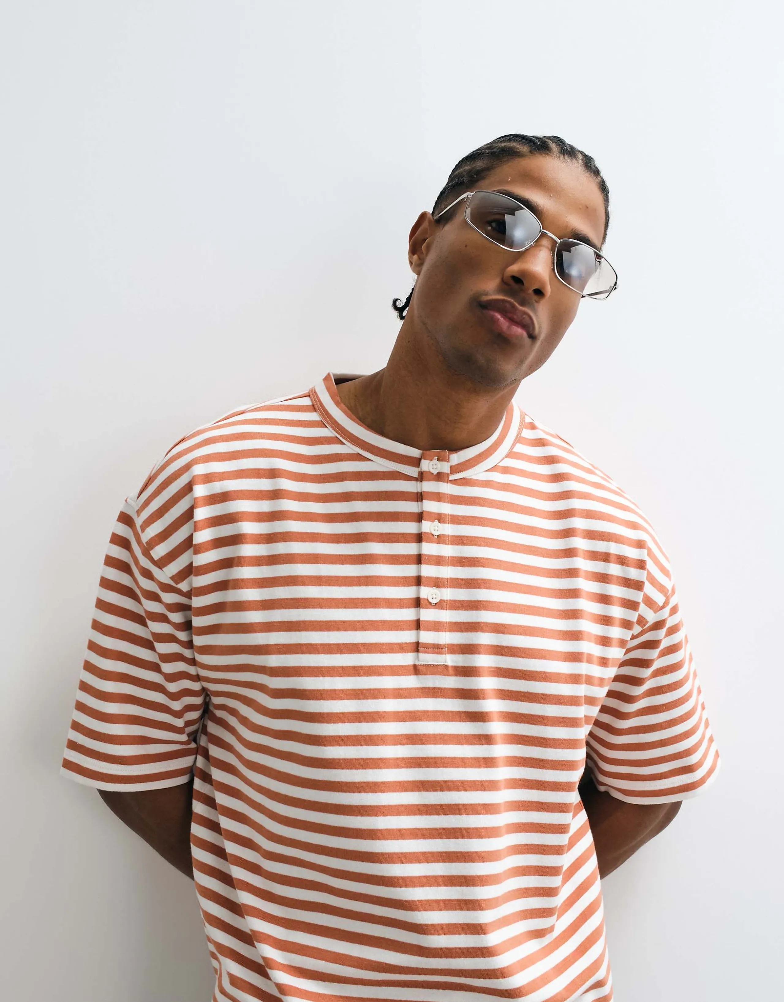 ASOS DESIGN heavyweight boxy oversized Henley T-shirt in red striped print