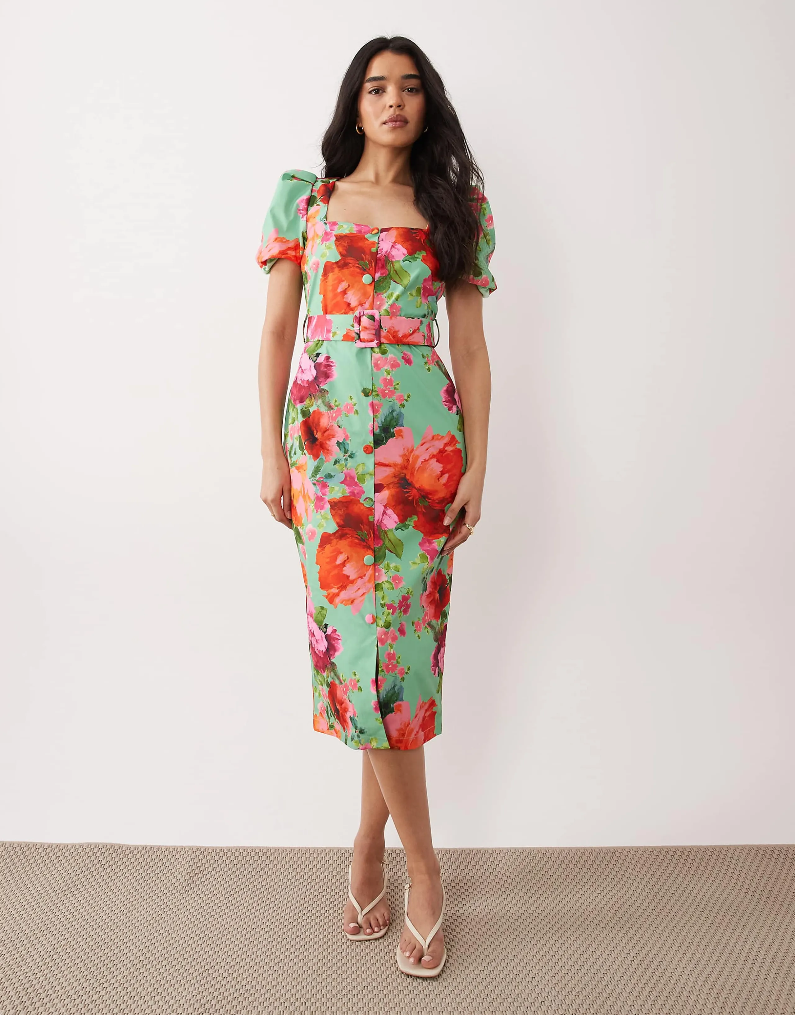 Hope & Ivy stretch square neck belted midi dress in green floral