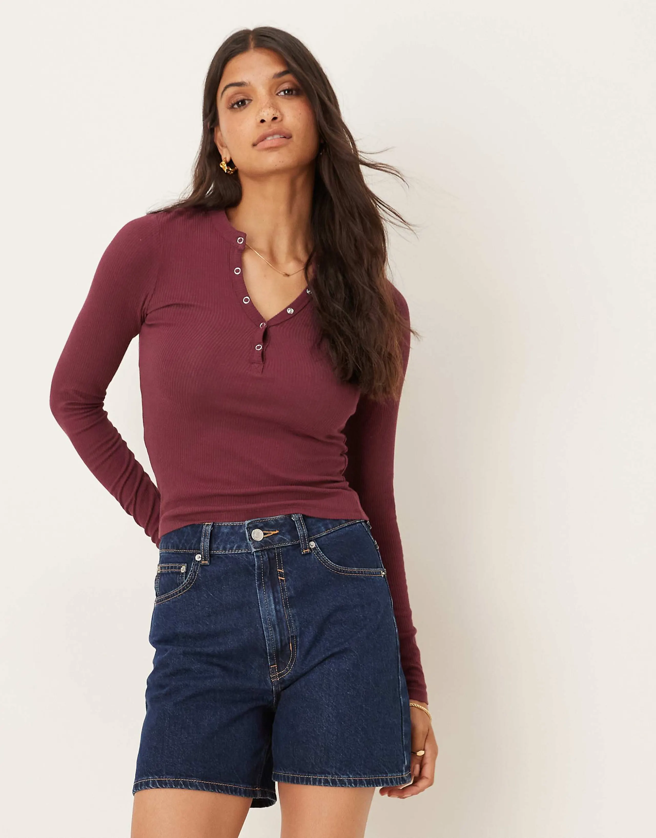 Cotton On Ryan henley long sleeve t-shirt in burgundy 