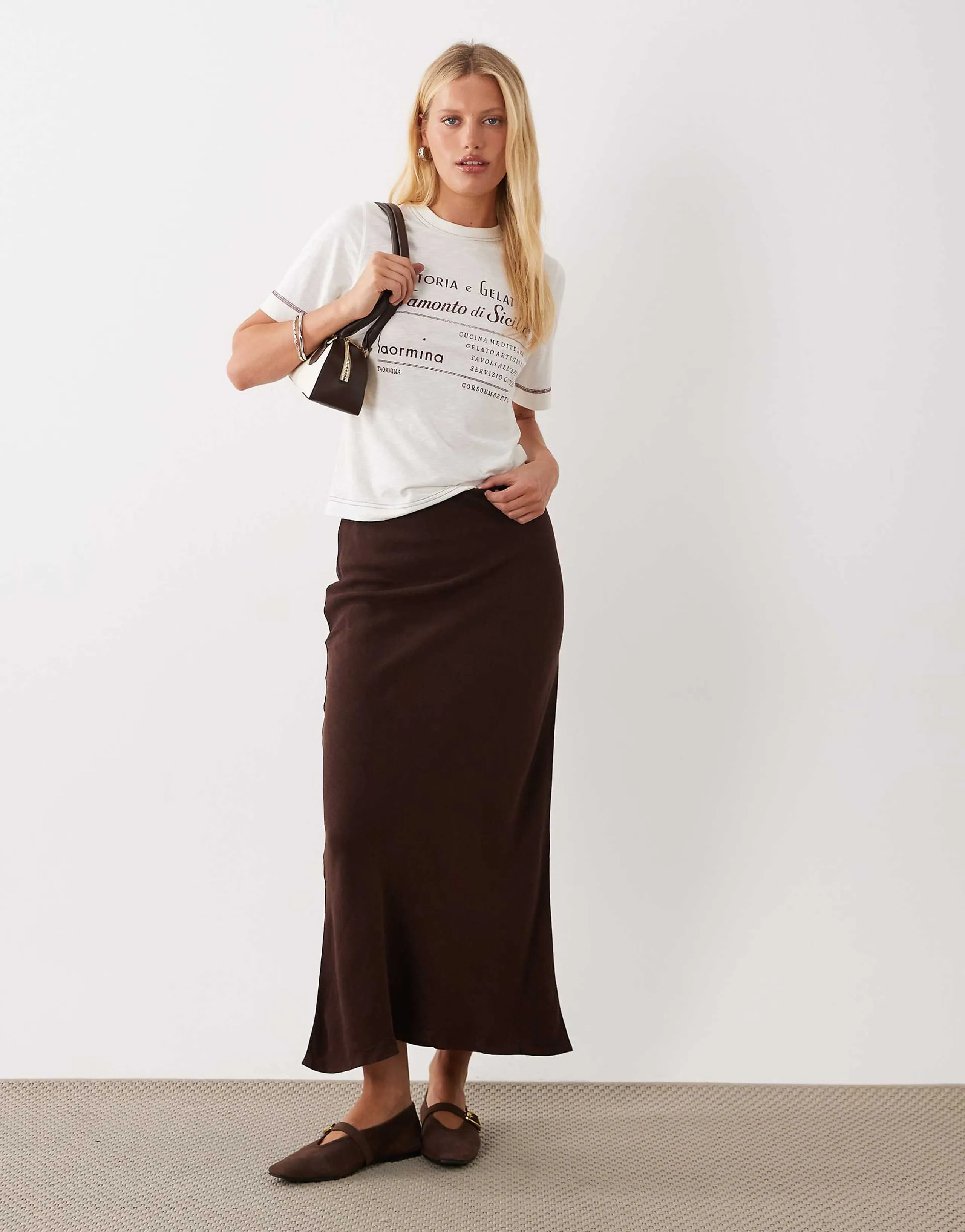 ASOS DESIGN linen bias midaxi skirt in brown