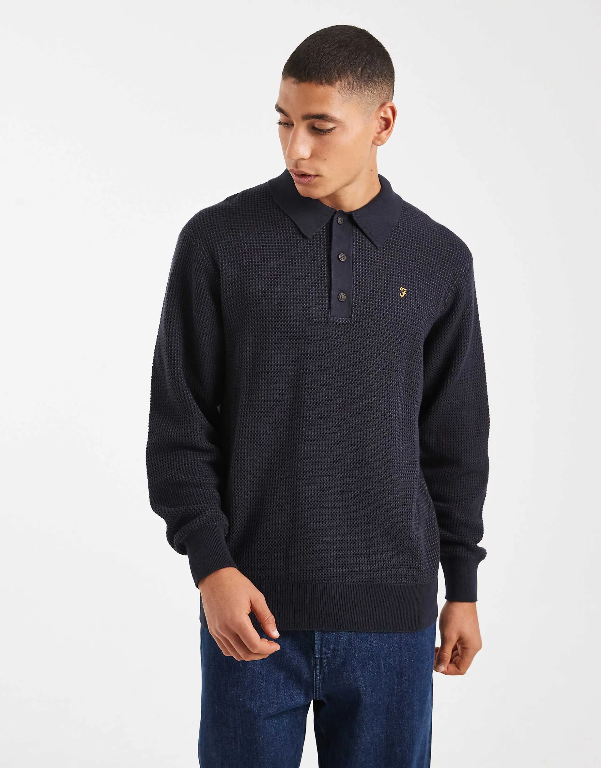 Farah gateacre knit long sleeve polo shirt in navy