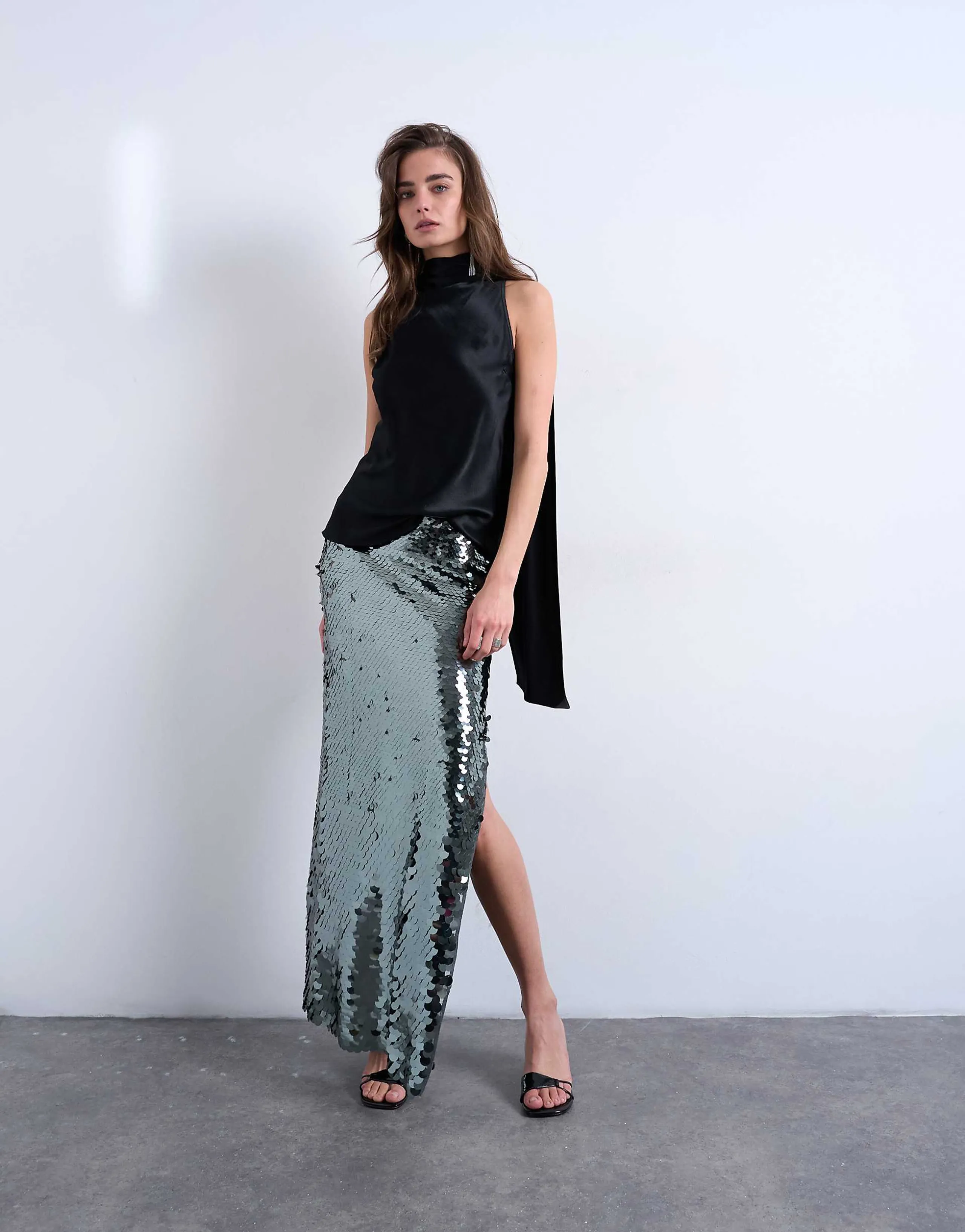 Topshop sequin column maxi skirt in silver