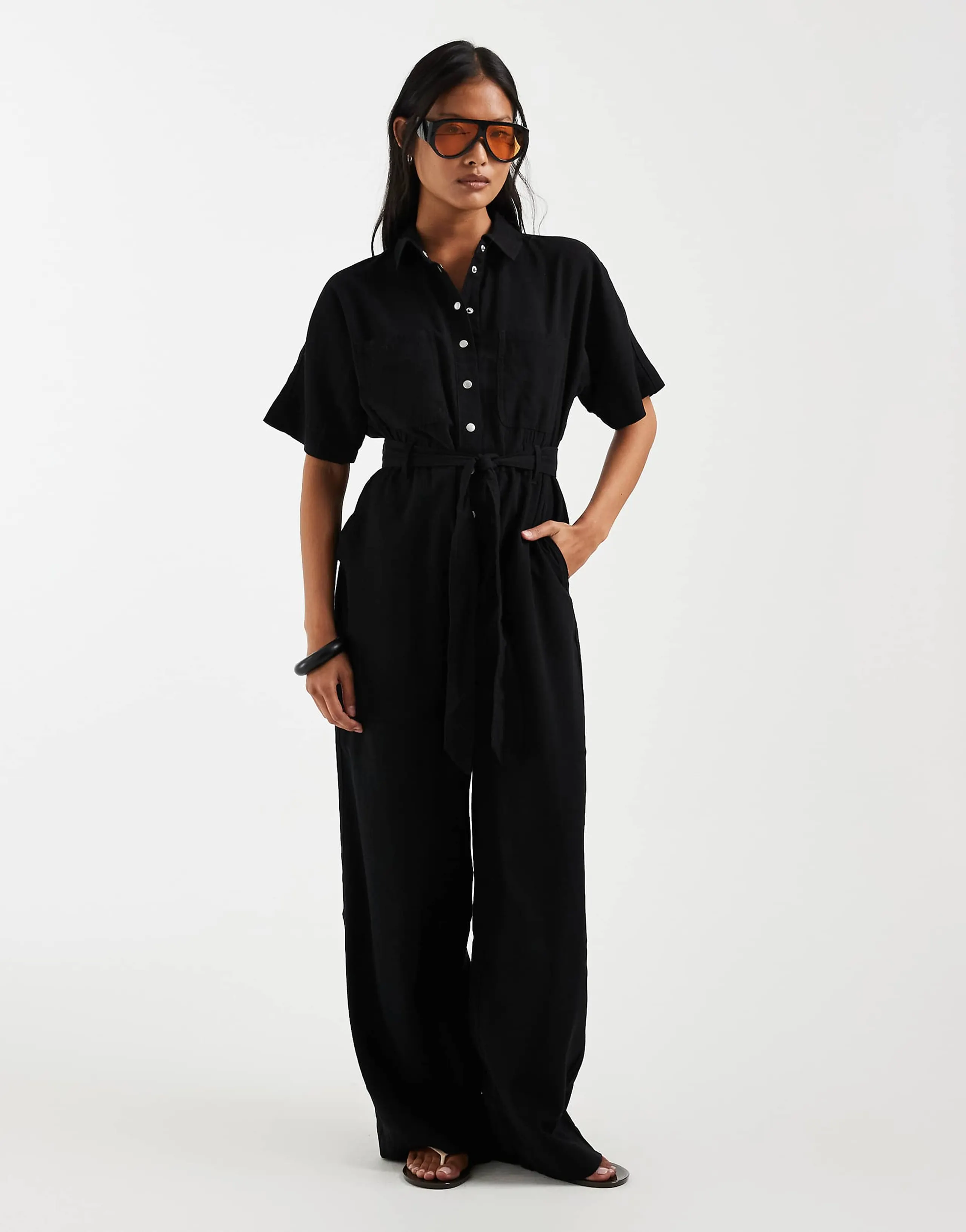 ONLY Petite tie waist short sleeve jumpsuit in black