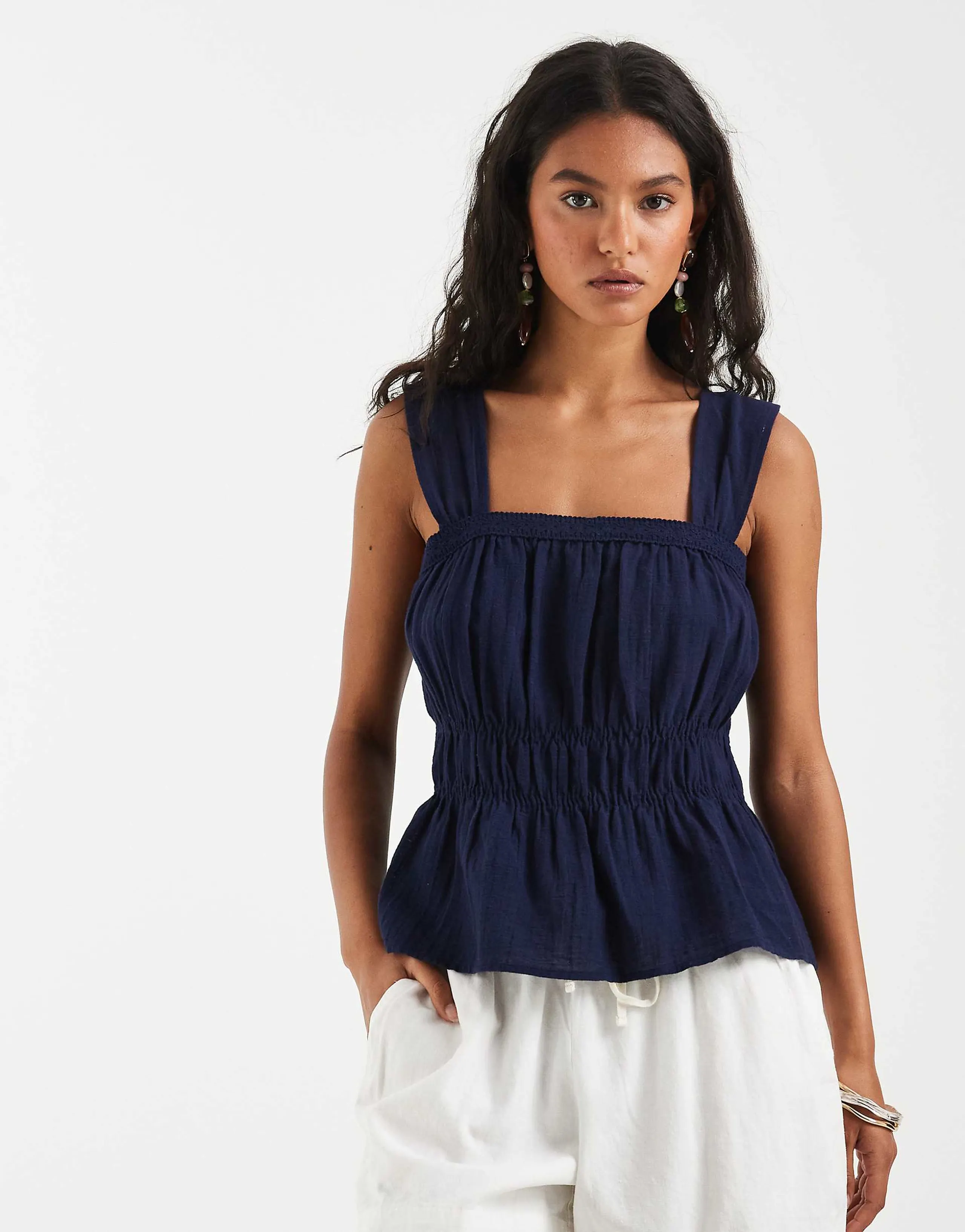 PIECES wide strap cotton smocked top in navy