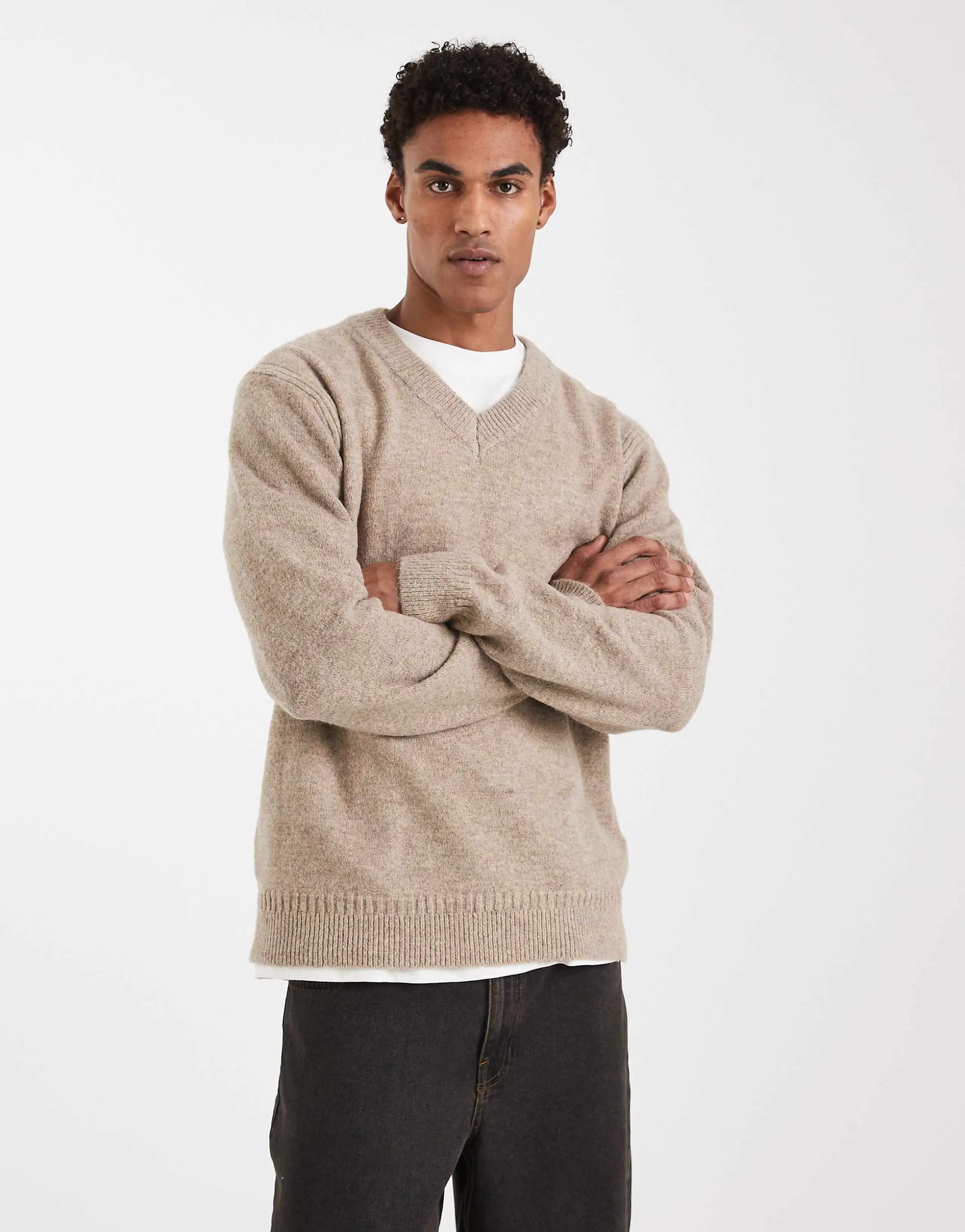 ONLY & SONS brushed knit v neck sweater in beige